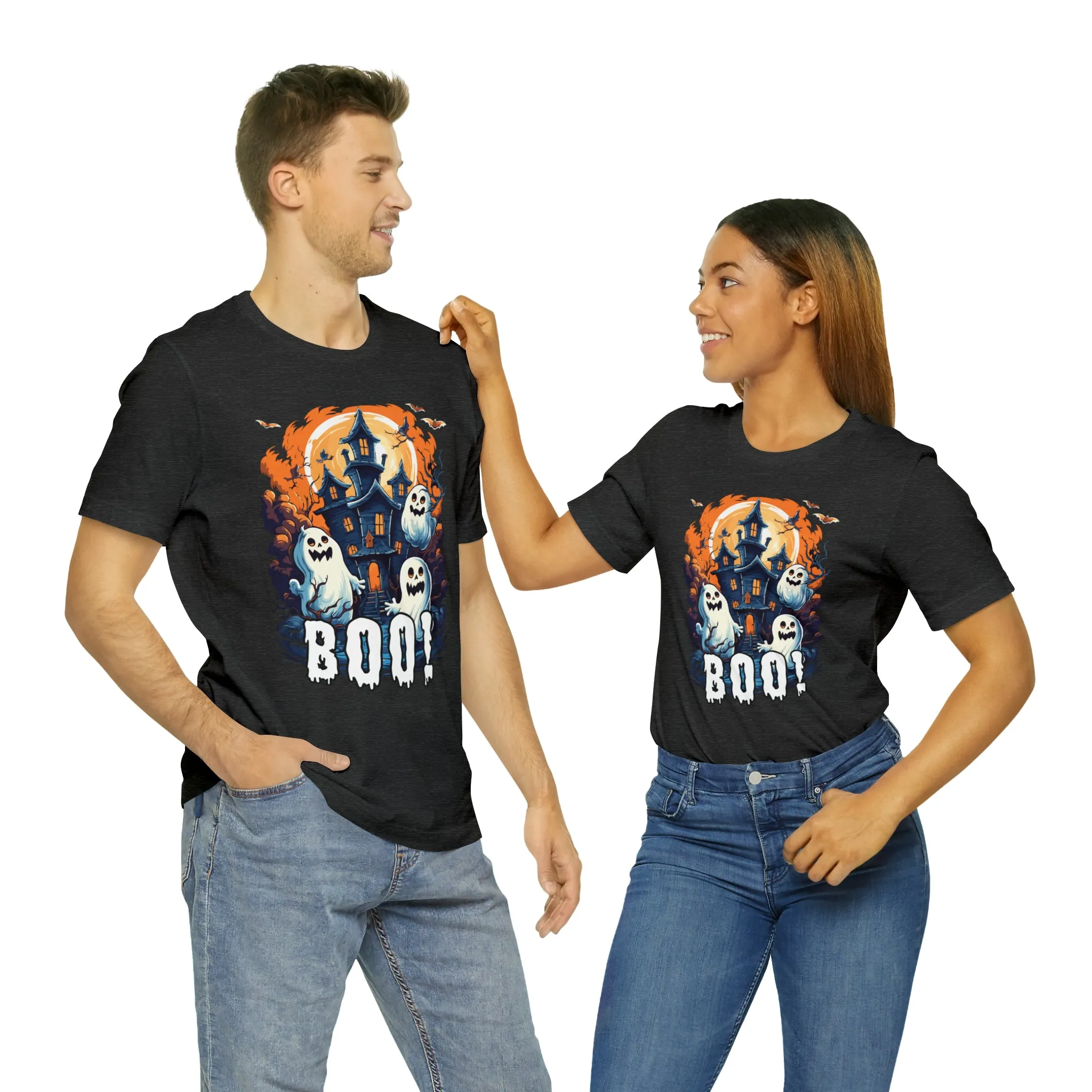 Boo! Haunted House Halloween T-Shirt | Scary House with Ghosts Tee |  Bella Canvas 3001Unisex | Spooky Short Sleeve Tshirt