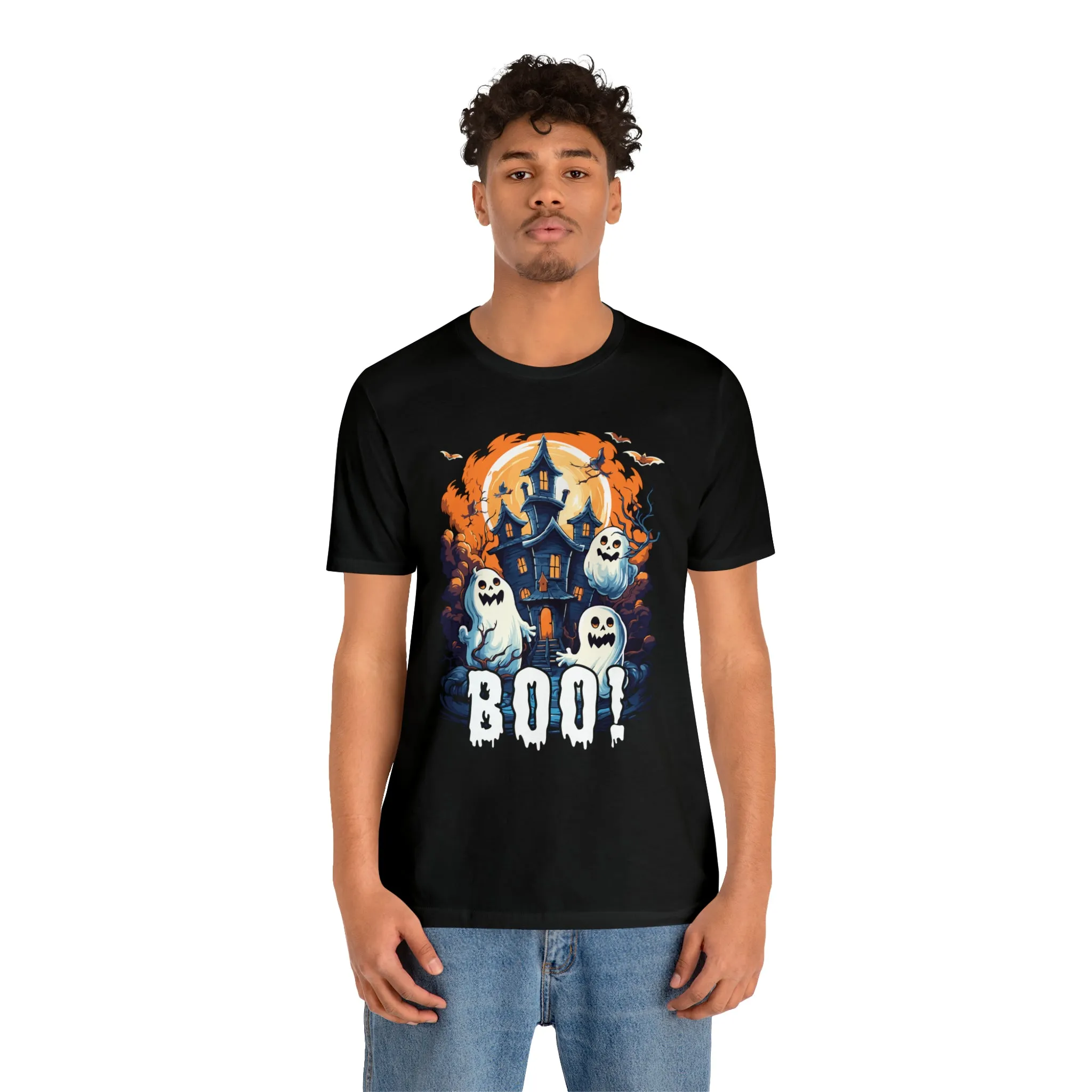 Boo! Haunted House Halloween T-Shirt | Scary House with Ghosts Tee |  Bella Canvas 3001Unisex | Spooky Short Sleeve Tshirt