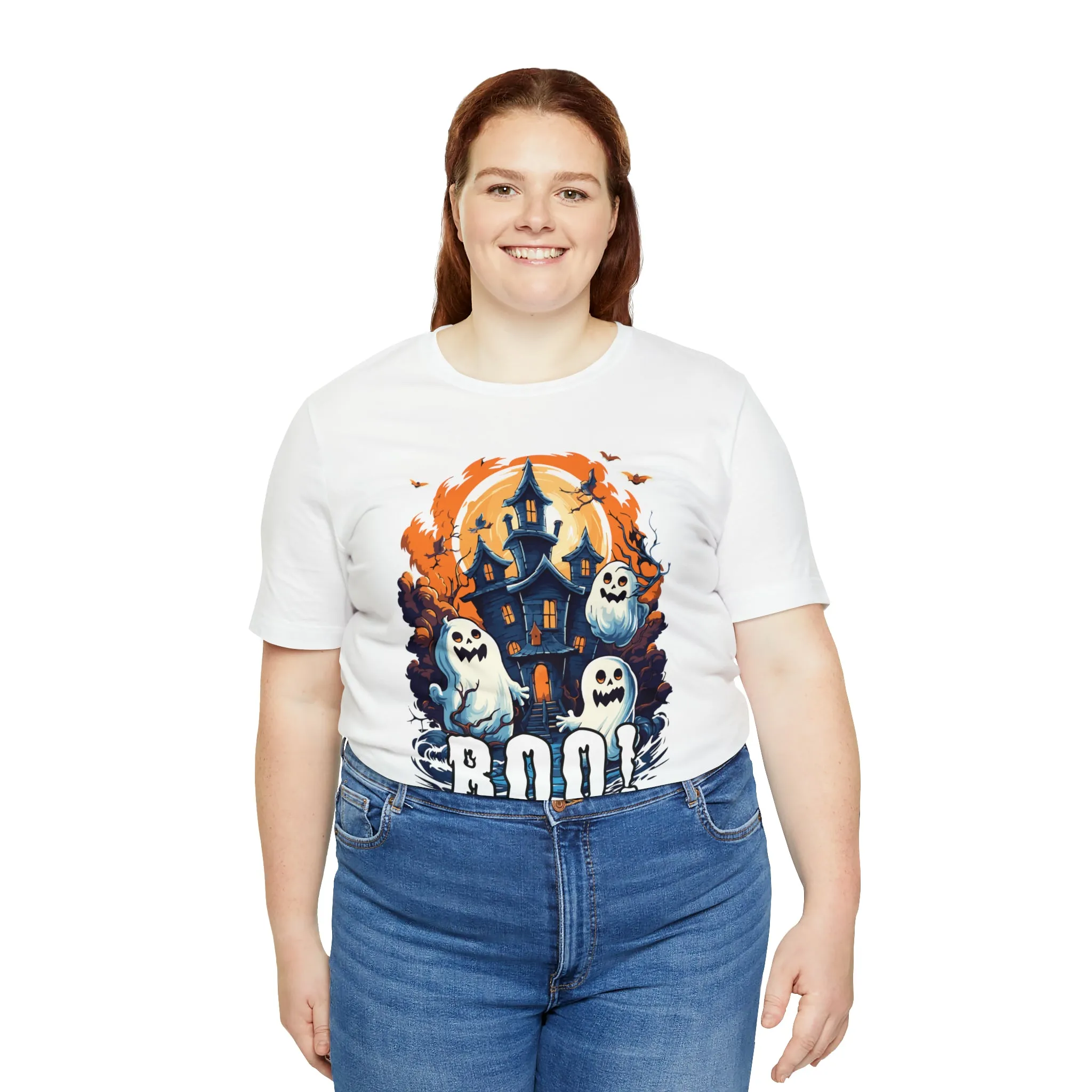 Boo! Haunted House Halloween T-Shirt | Scary House with Ghosts Tee |  Bella Canvas 3001Unisex | Spooky Short Sleeve Tshirt