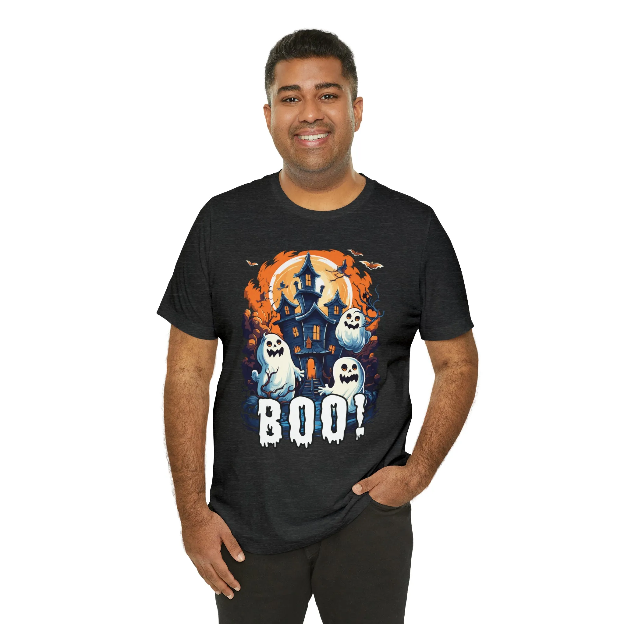 Boo! Haunted House Halloween T-Shirt | Scary House with Ghosts Tee |  Bella Canvas 3001Unisex | Spooky Short Sleeve Tshirt