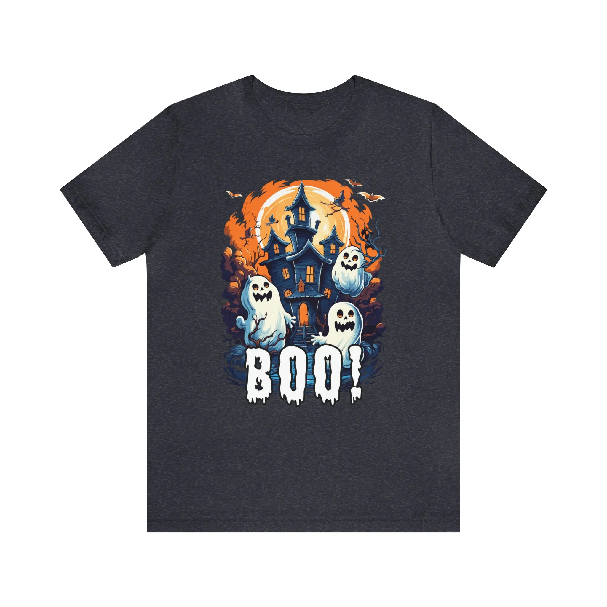 Boo! Haunted House Halloween T-Shirt | Scary House with Ghosts Tee |  Bella Canvas 3001Unisex | Spooky Short Sleeve Tshirt