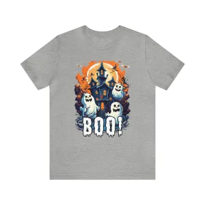 Boo! Haunted House Halloween T-Shirt | Scary House with Ghosts Tee |  Bella Canvas 3001Unisex | Spooky Short Sleeve Tshirt