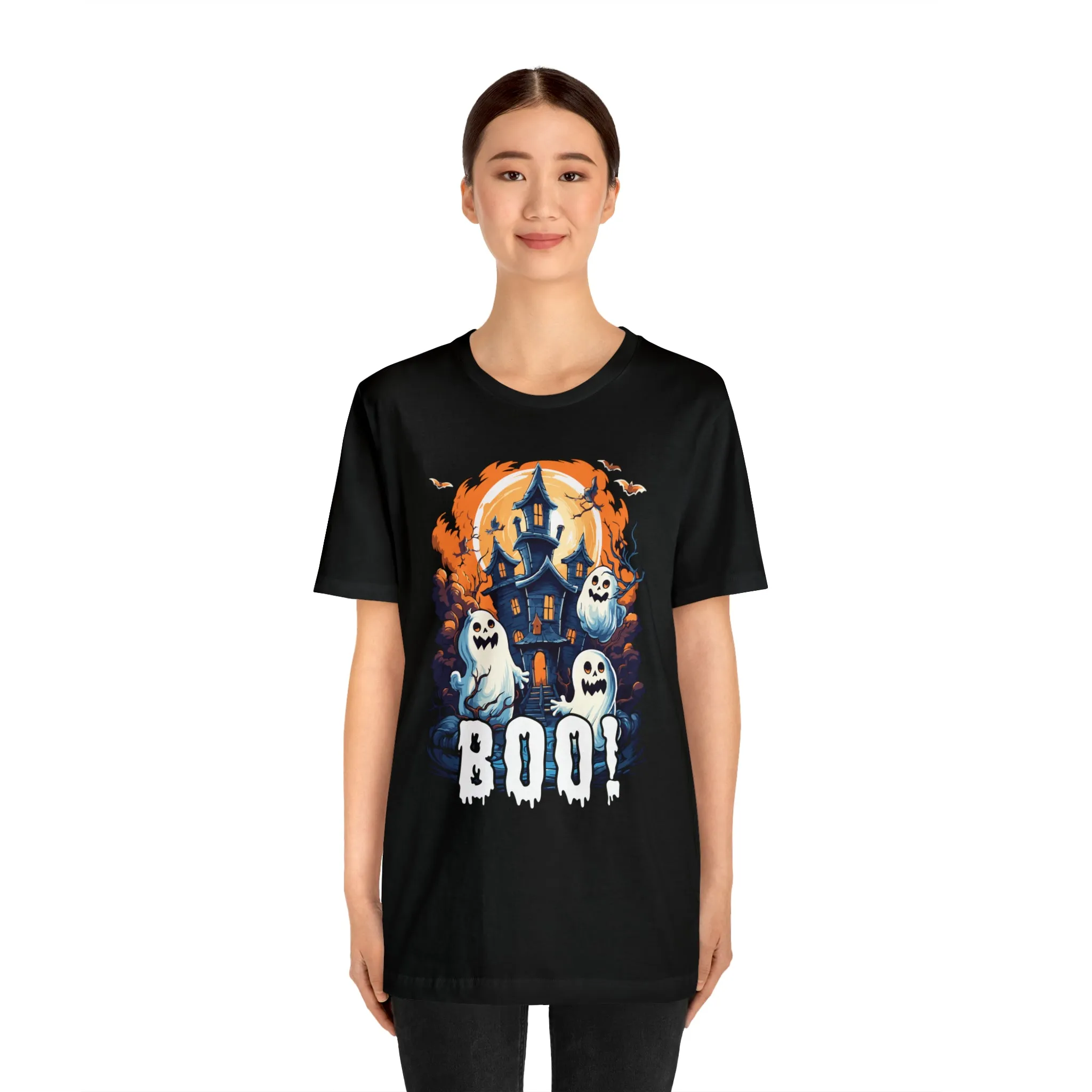 Boo! Haunted House Halloween T-Shirt | Scary House with Ghosts Tee |  Bella Canvas 3001Unisex | Spooky Short Sleeve Tshirt