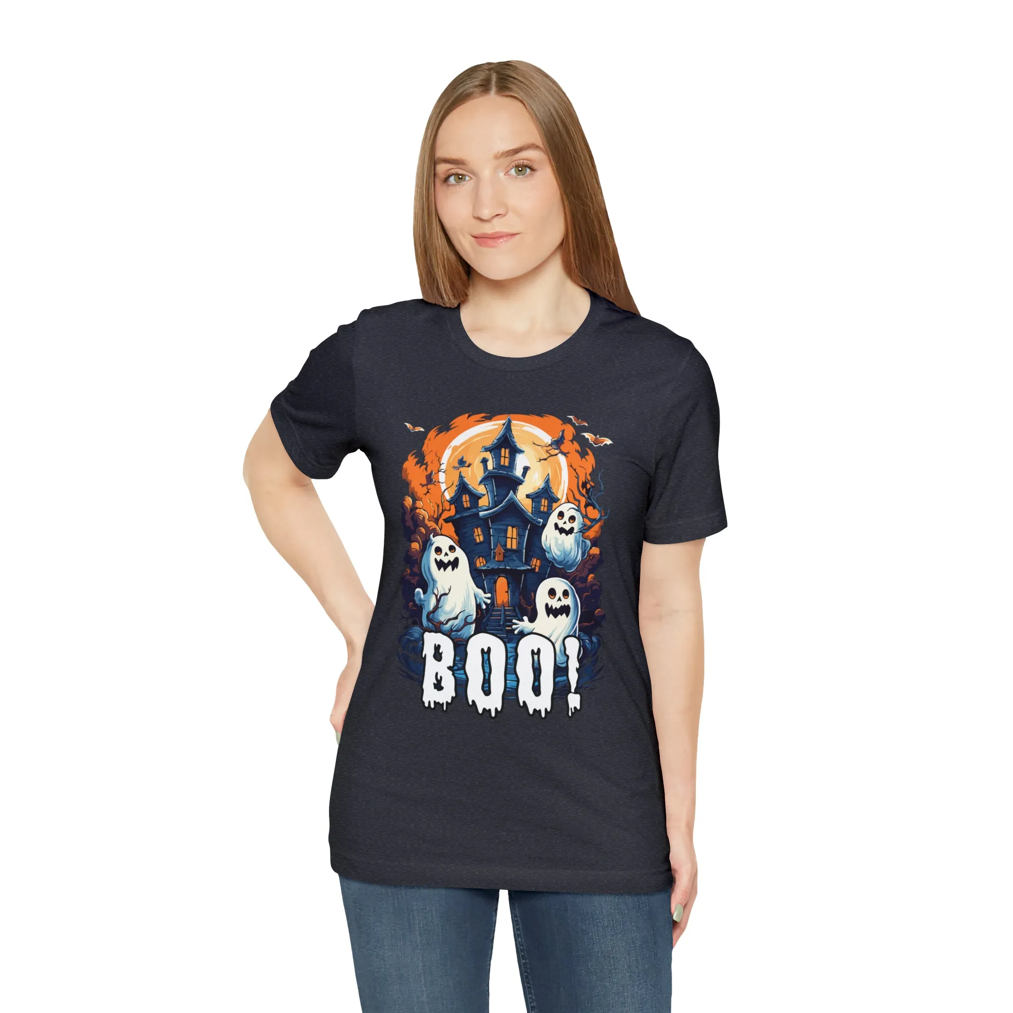 Boo! Haunted House Halloween T-Shirt | Scary House with Ghosts Tee |  Bella Canvas 3001Unisex | Spooky Short Sleeve Tshirt