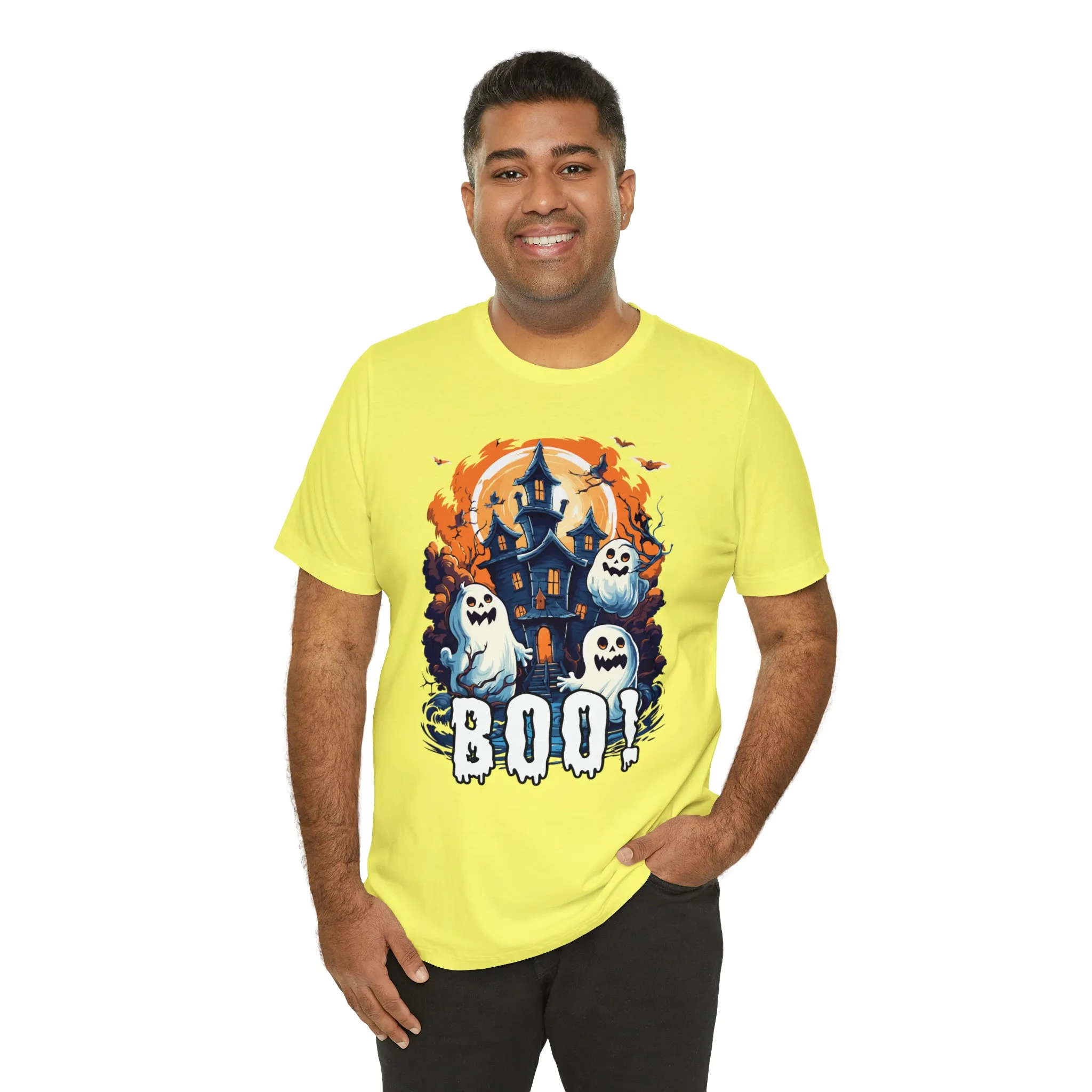 Boo! Haunted House Halloween T-Shirt | Scary House with Ghosts Tee |  Bella Canvas 3001Unisex | Spooky Short Sleeve Tshirt