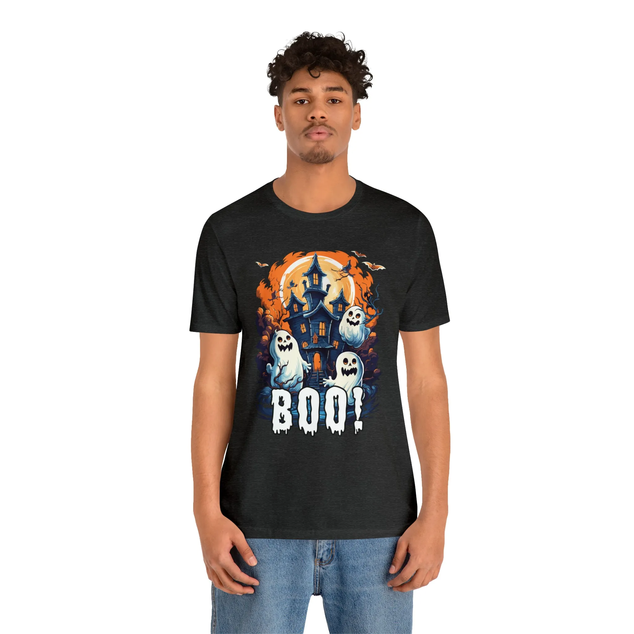 Boo! Haunted House Halloween T-Shirt | Scary House with Ghosts Tee |  Bella Canvas 3001Unisex | Spooky Short Sleeve Tshirt