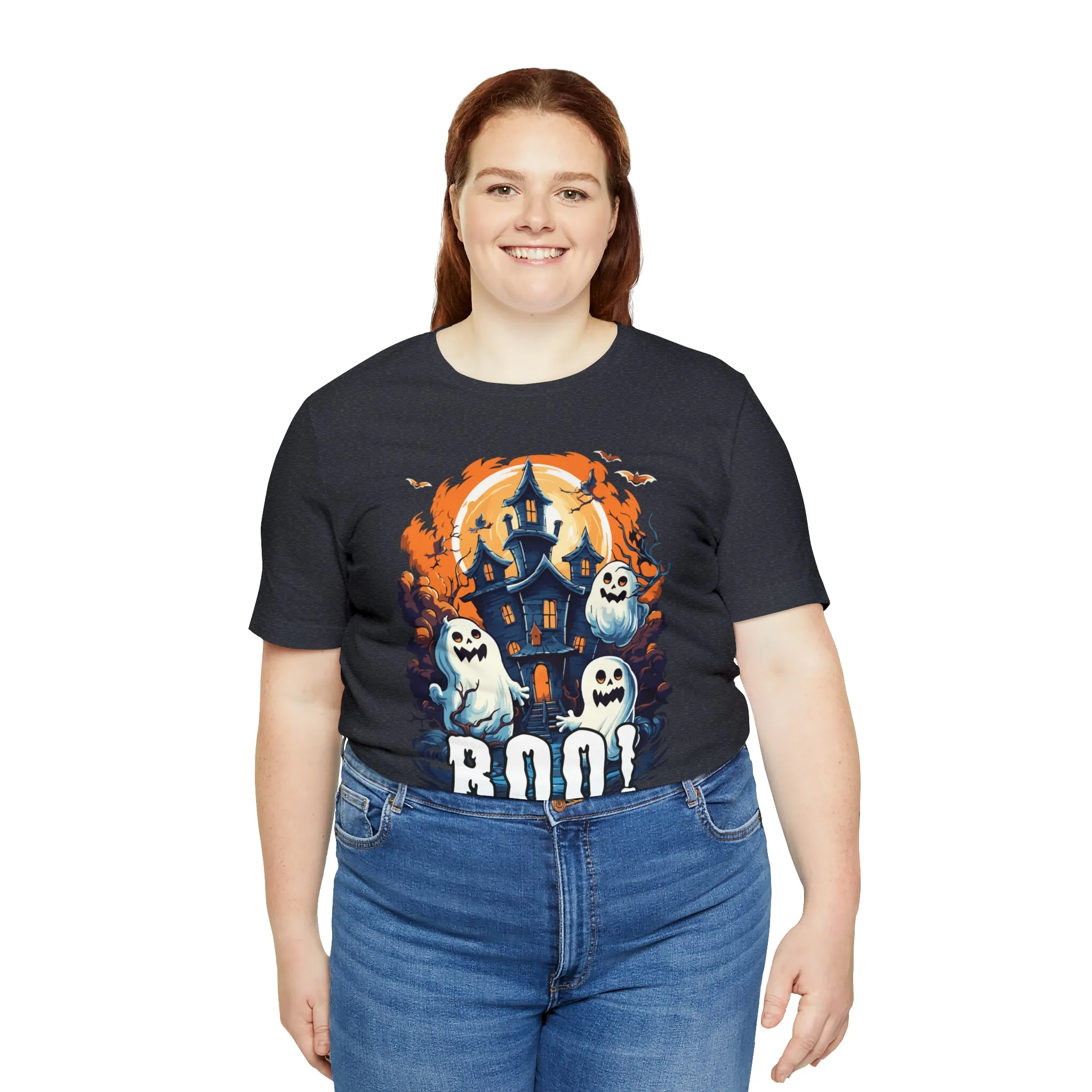 Boo! Haunted House Halloween T-Shirt | Scary House with Ghosts Tee |  Bella Canvas 3001Unisex | Spooky Short Sleeve Tshirt