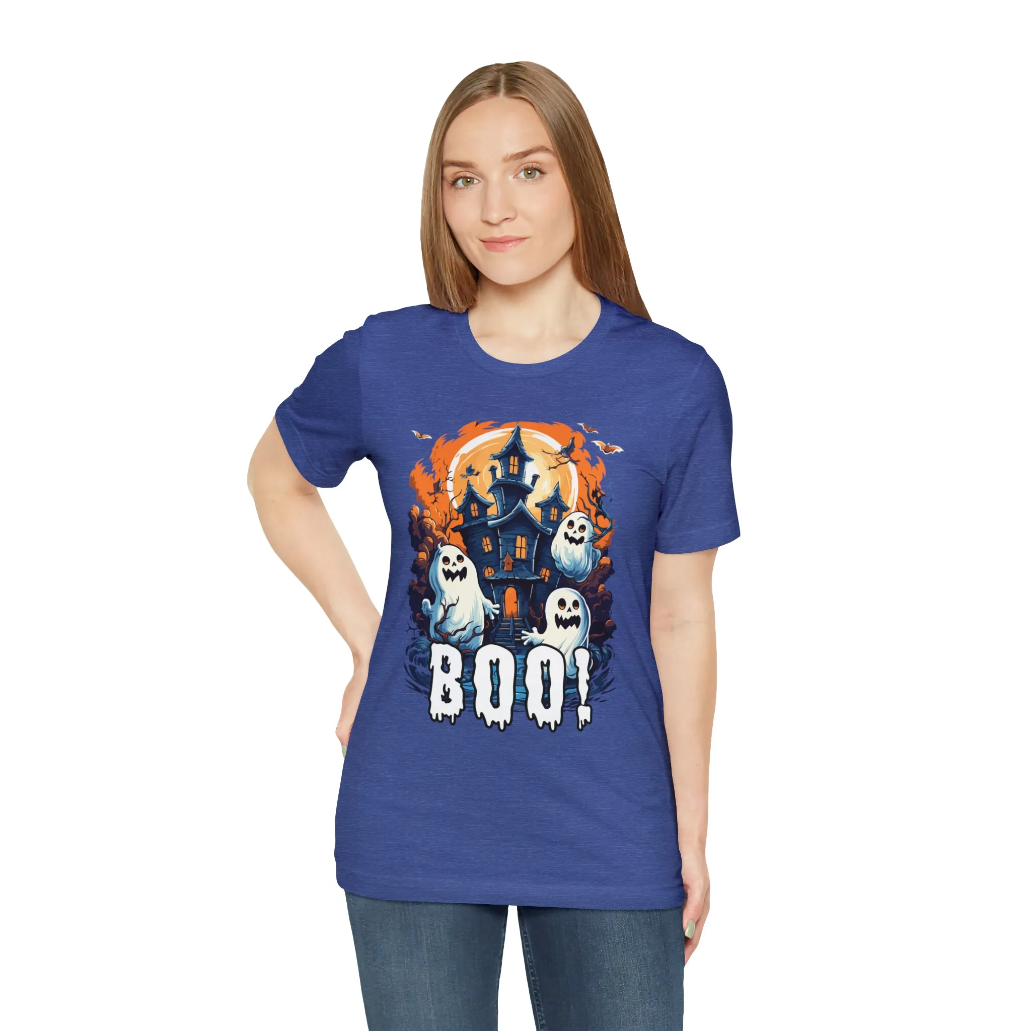 Boo! Haunted House Halloween T-Shirt | Scary House with Ghosts Tee |  Bella Canvas 3001Unisex | Spooky Short Sleeve Tshirt