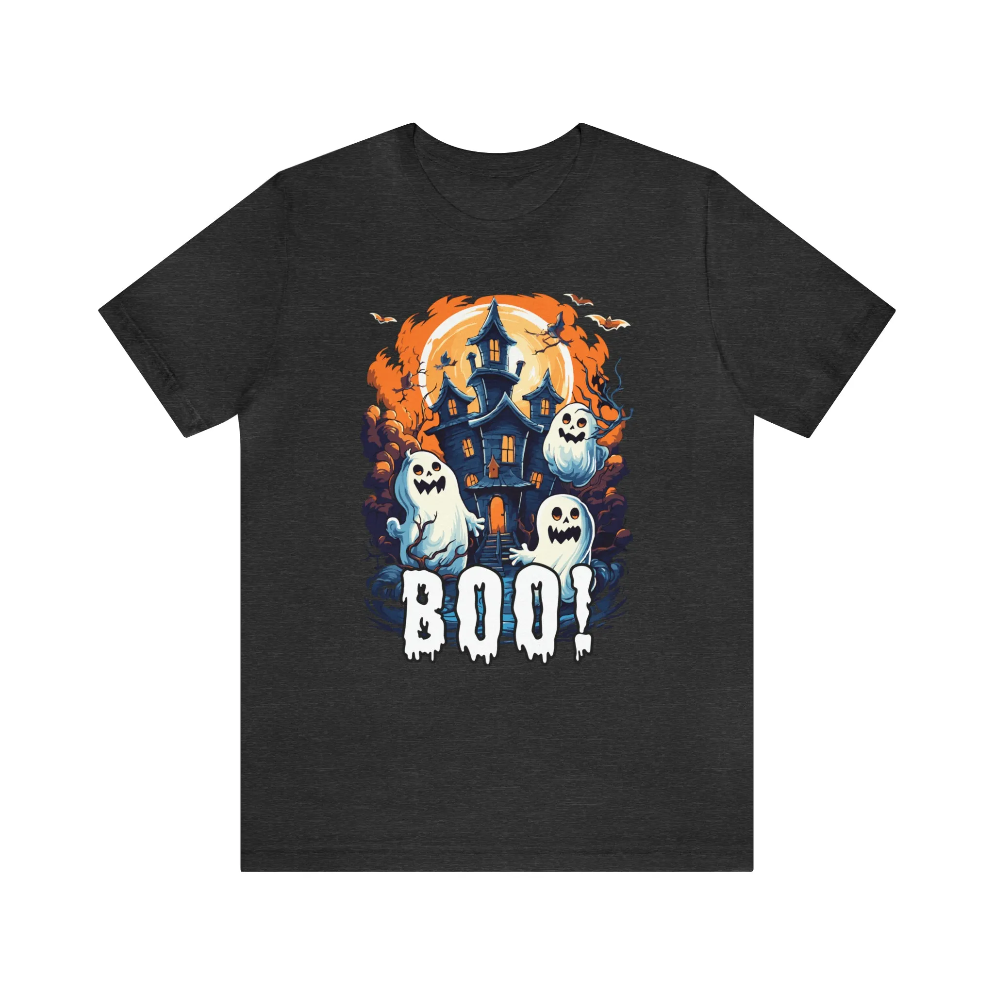 Boo! Haunted House Halloween T-Shirt | Scary House with Ghosts Tee |  Bella Canvas 3001Unisex | Spooky Short Sleeve Tshirt