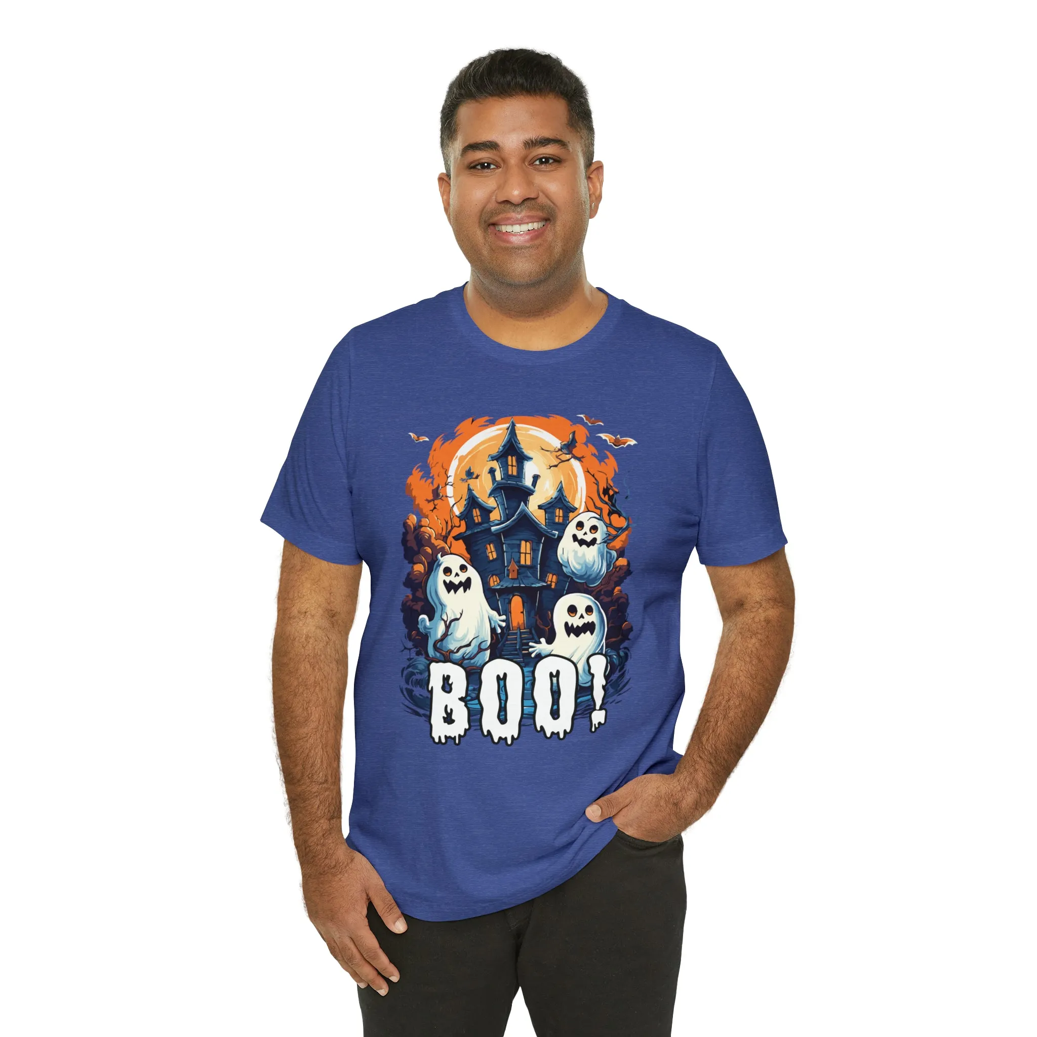 Boo! Haunted House Halloween T-Shirt | Scary House with Ghosts Tee |  Bella Canvas 3001Unisex | Spooky Short Sleeve Tshirt
