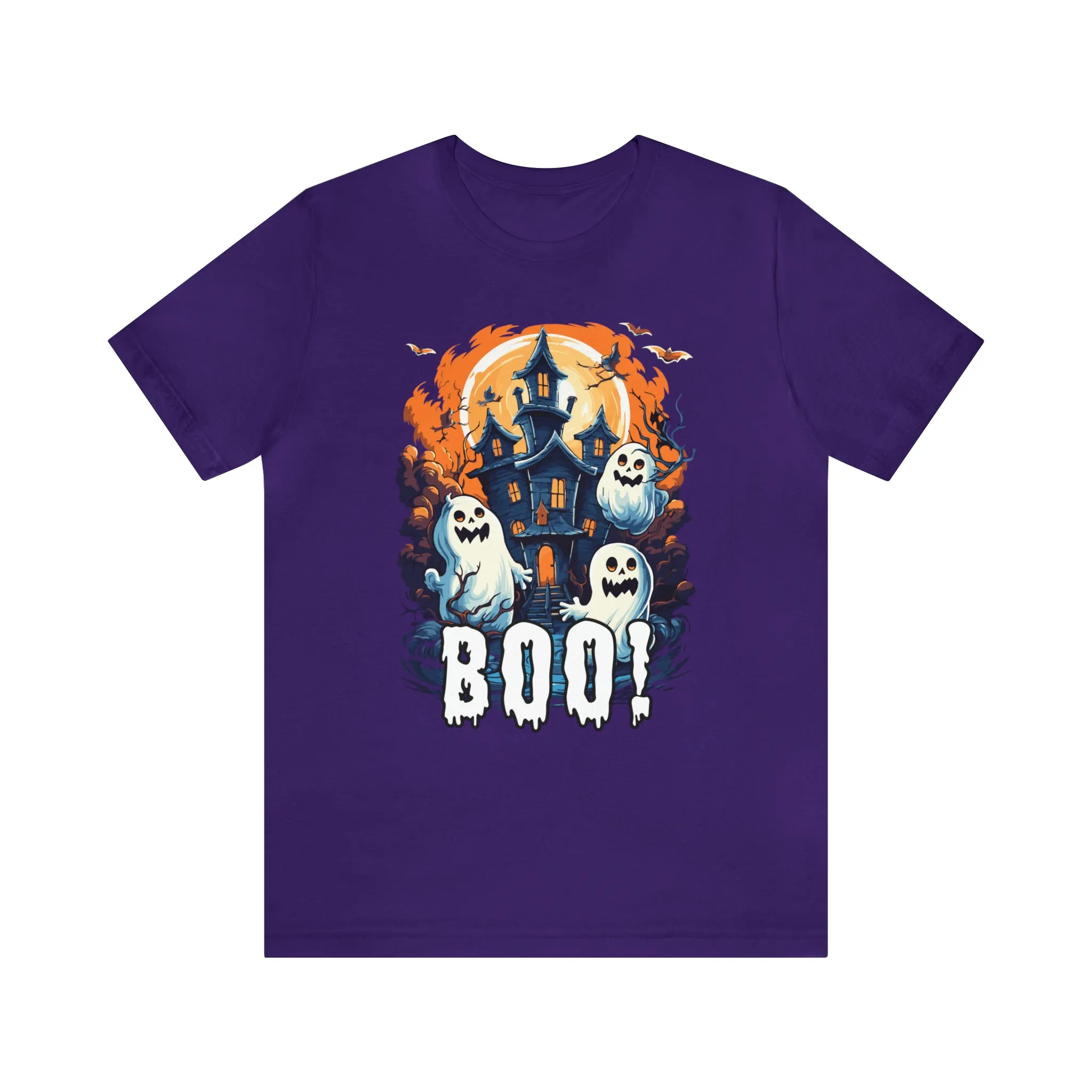 Boo! Haunted House Halloween T-Shirt | Scary House with Ghosts Tee |  Bella Canvas 3001Unisex | Spooky Short Sleeve Tshirt