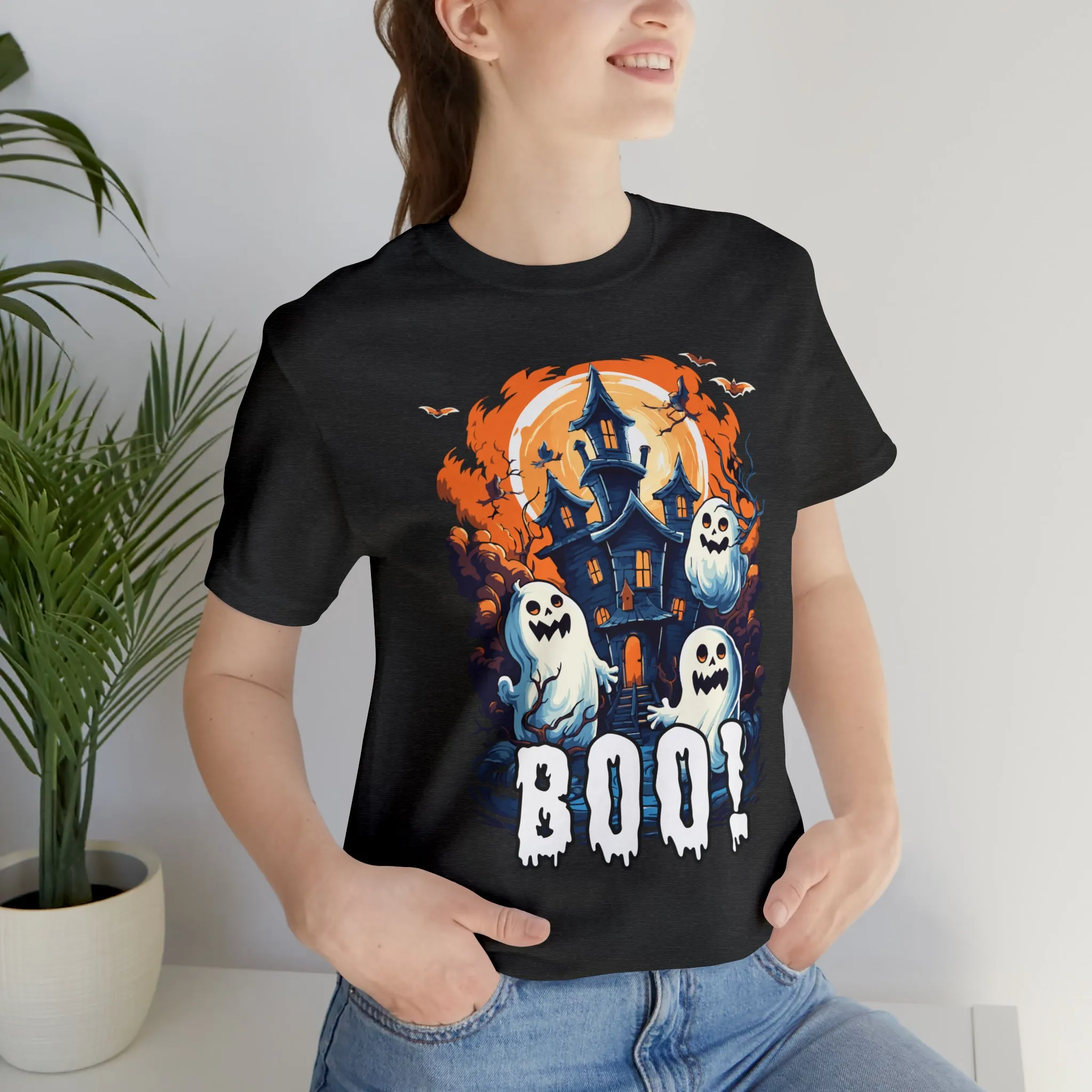 Boo! Haunted House Halloween T-Shirt | Scary House with Ghosts Tee |  Bella Canvas 3001Unisex | Spooky Short Sleeve Tshirt