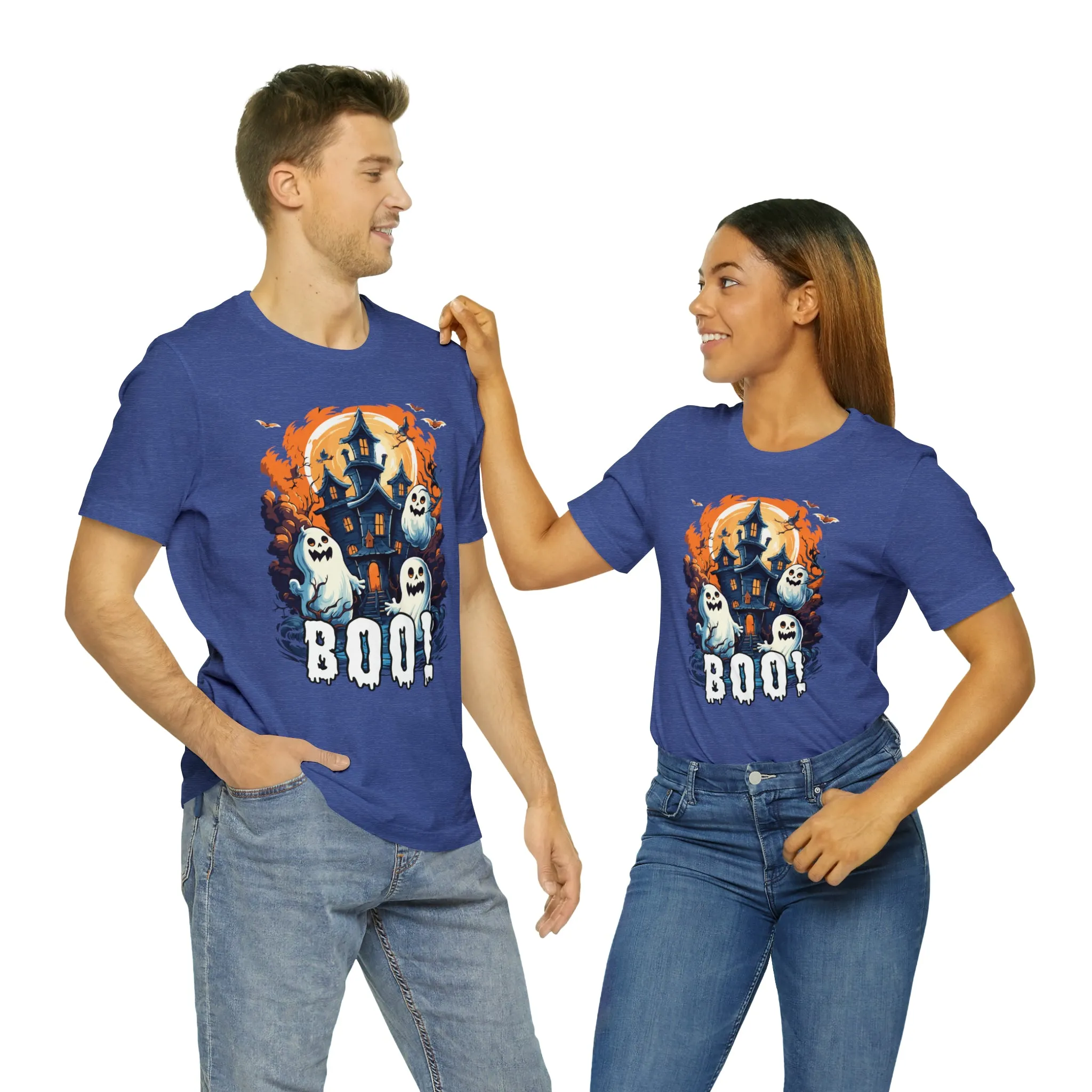 Boo! Haunted House Halloween T-Shirt | Scary House with Ghosts Tee |  Bella Canvas 3001Unisex | Spooky Short Sleeve Tshirt