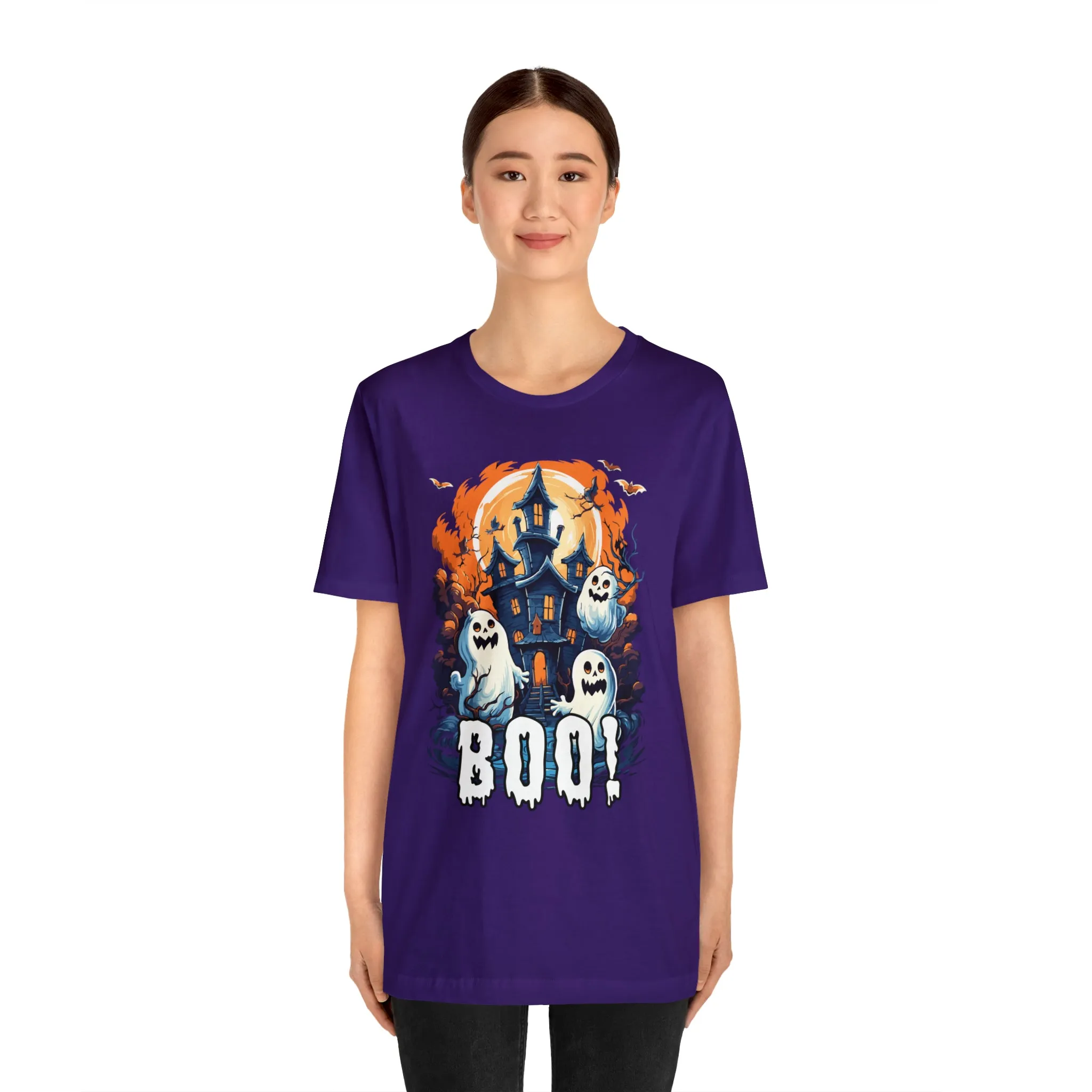 Boo! Haunted House Halloween T-Shirt | Scary House with Ghosts Tee |  Bella Canvas 3001Unisex | Spooky Short Sleeve Tshirt