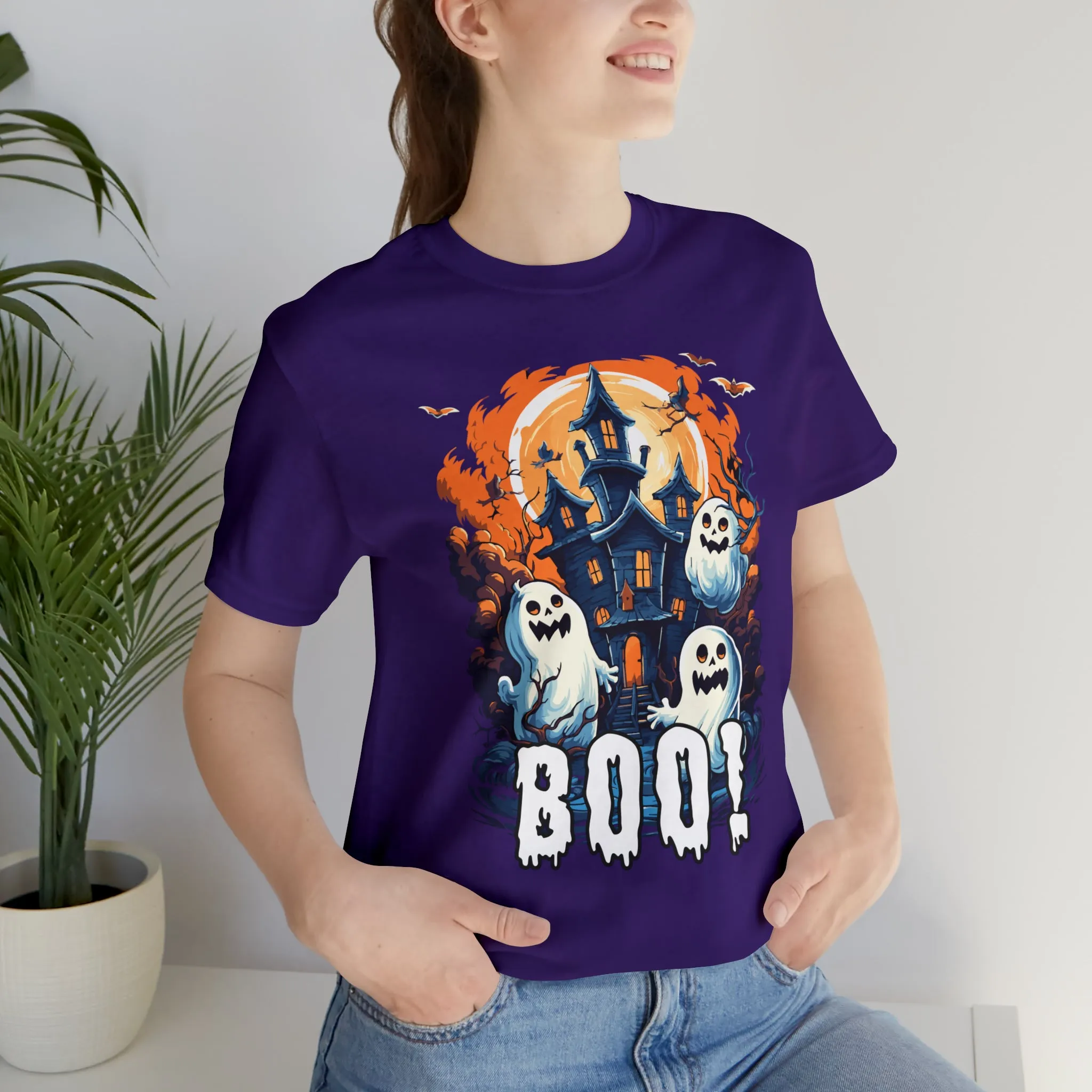Boo! Haunted House Halloween T-Shirt | Scary House with Ghosts Tee |  Bella Canvas 3001Unisex | Spooky Short Sleeve Tshirt