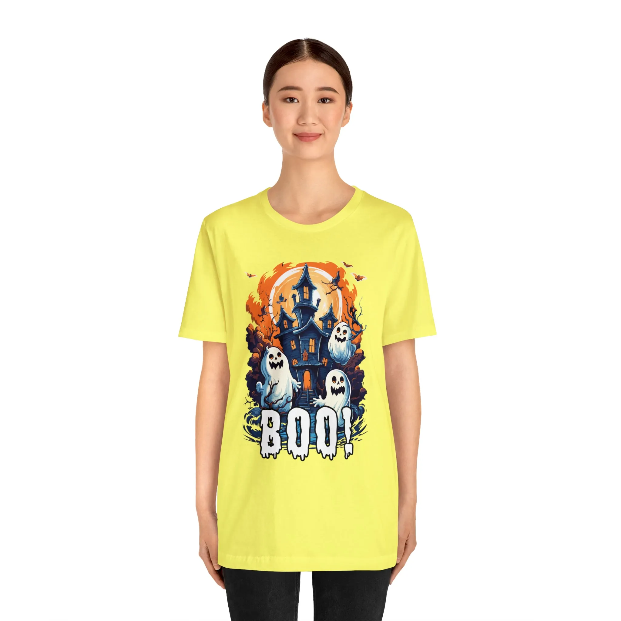 Boo! Haunted House Halloween T-Shirt | Scary House with Ghosts Tee |  Bella Canvas 3001Unisex | Spooky Short Sleeve Tshirt
