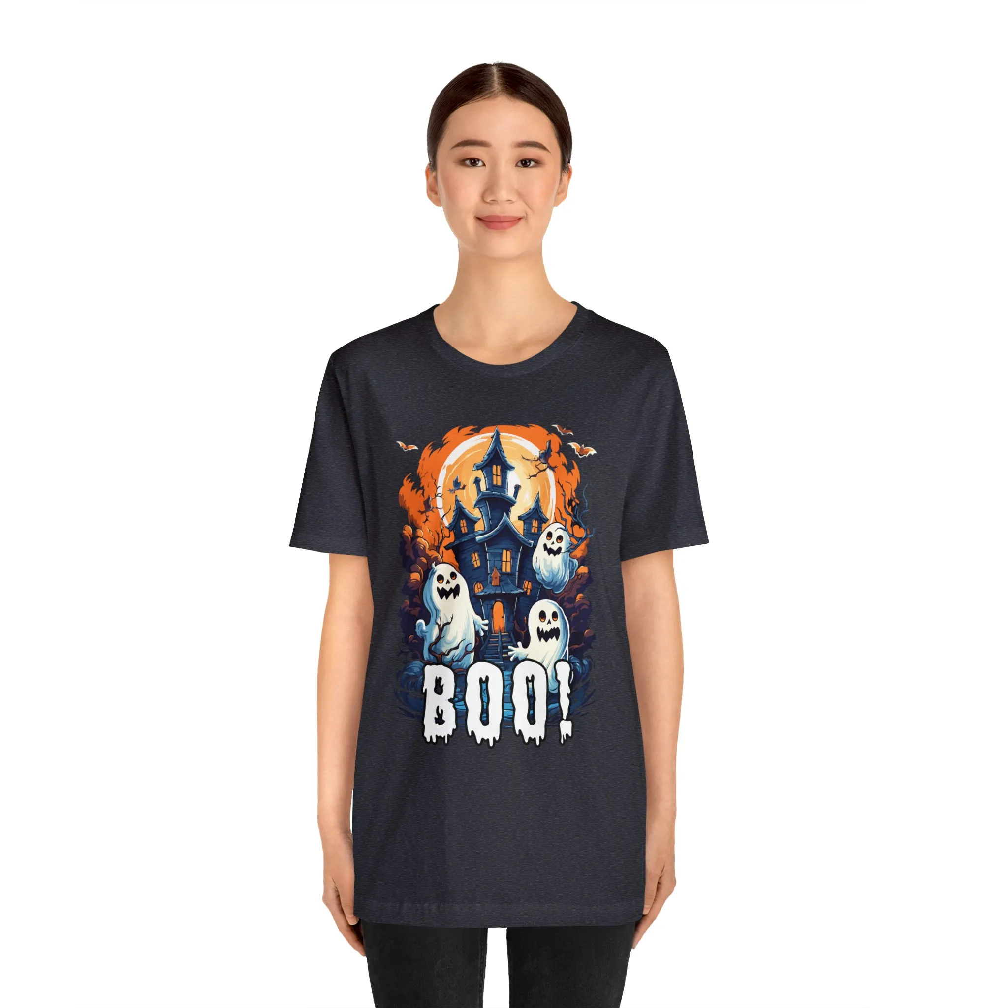 Boo! Haunted House Halloween T-Shirt | Scary House with Ghosts Tee |  Bella Canvas 3001Unisex | Spooky Short Sleeve Tshirt