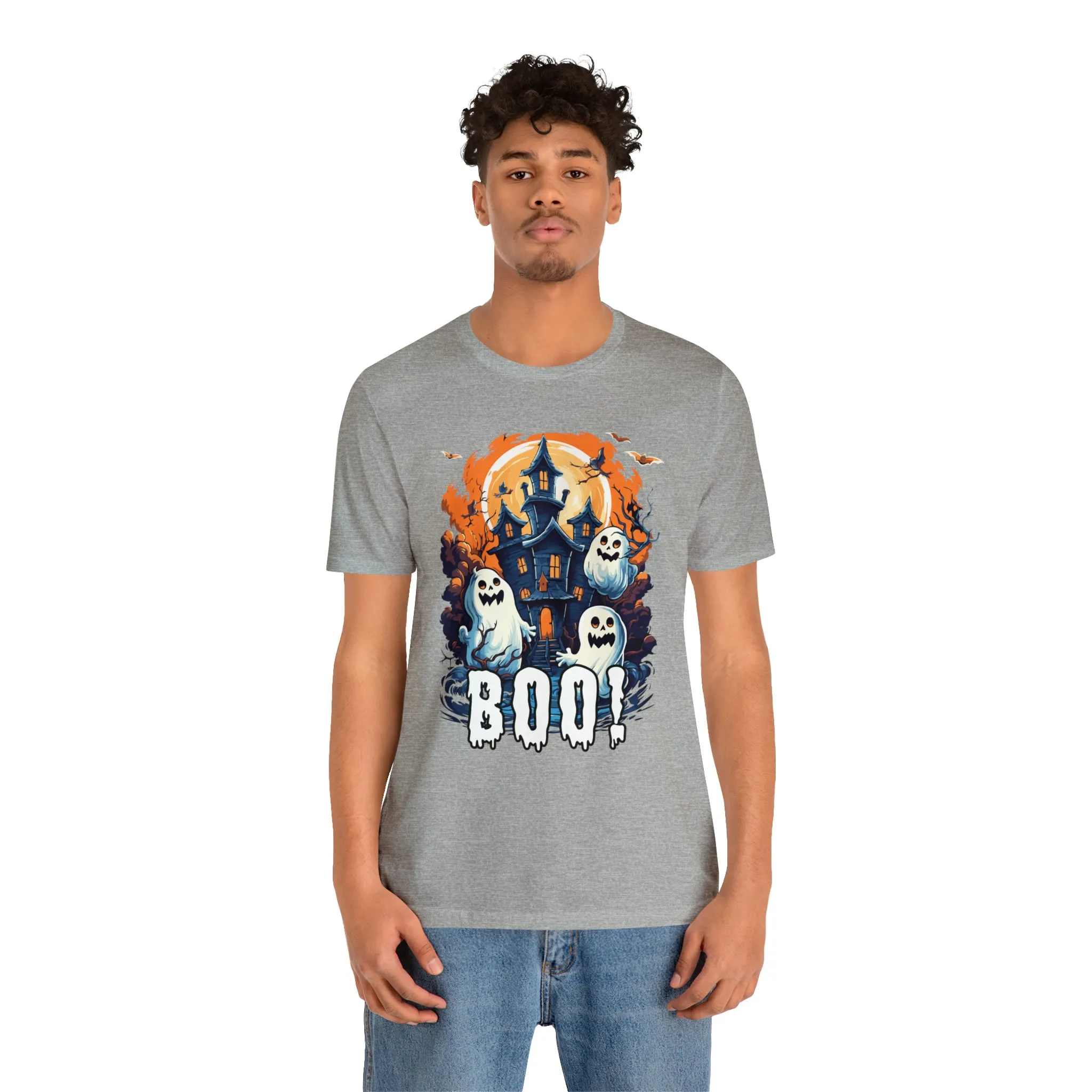 Boo! Haunted House Halloween T-Shirt | Scary House with Ghosts Tee |  Bella Canvas 3001Unisex | Spooky Short Sleeve Tshirt