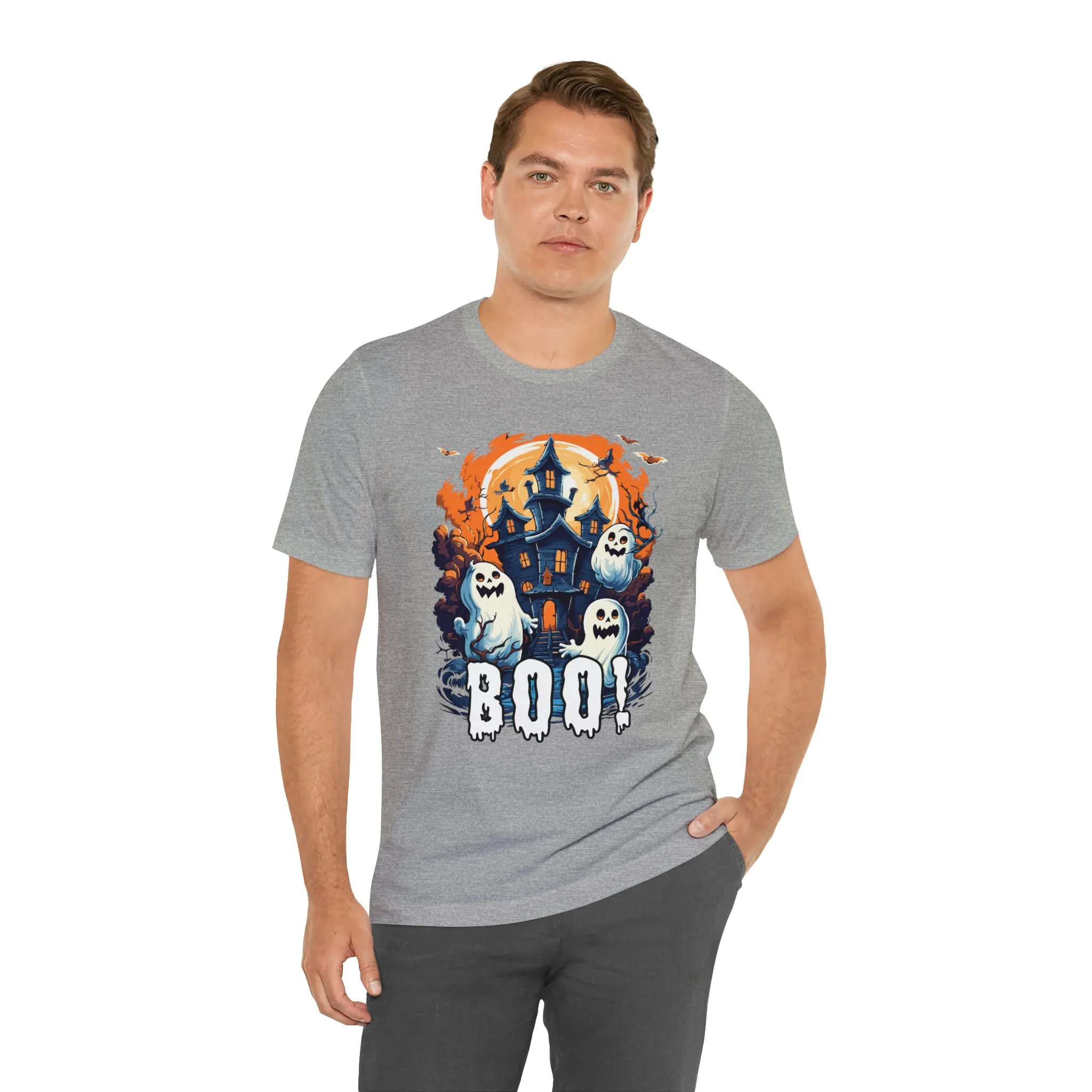 Boo! Haunted House Halloween T-Shirt | Scary House with Ghosts Tee |  Bella Canvas 3001Unisex | Spooky Short Sleeve Tshirt