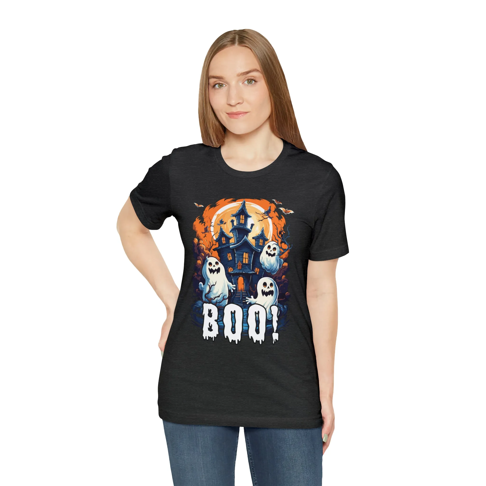 Boo! Haunted House Halloween T-Shirt | Scary House with Ghosts Tee |  Bella Canvas 3001Unisex | Spooky Short Sleeve Tshirt