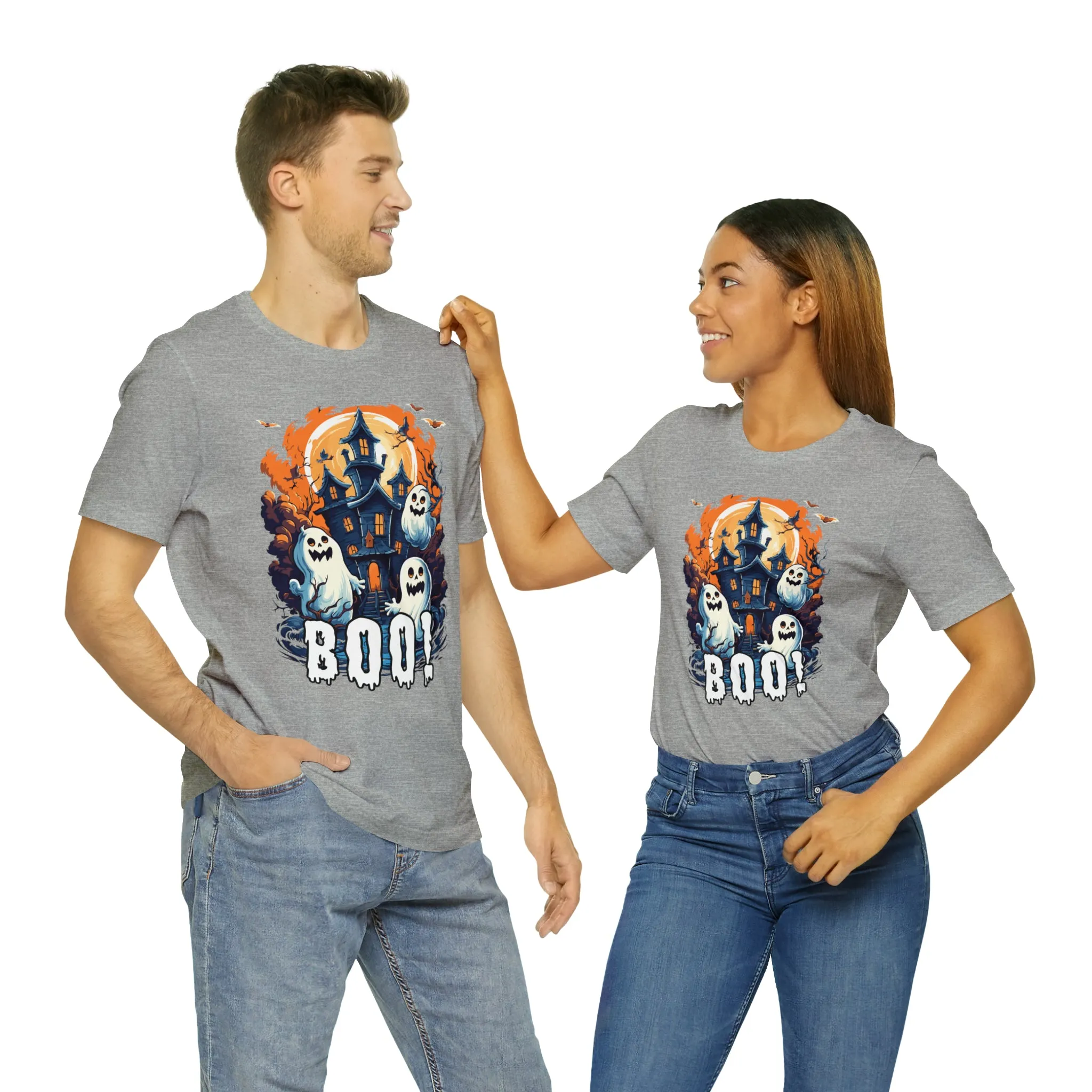 Boo! Haunted House Halloween T-Shirt | Scary House with Ghosts Tee |  Bella Canvas 3001Unisex | Spooky Short Sleeve Tshirt