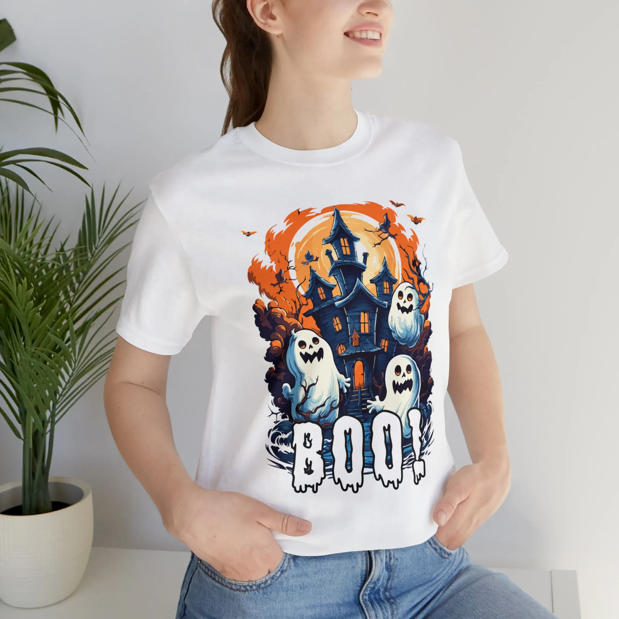 Boo! Haunted House Halloween T-Shirt | Scary House with Ghosts Tee |  Bella Canvas 3001Unisex | Spooky Short Sleeve Tshirt
