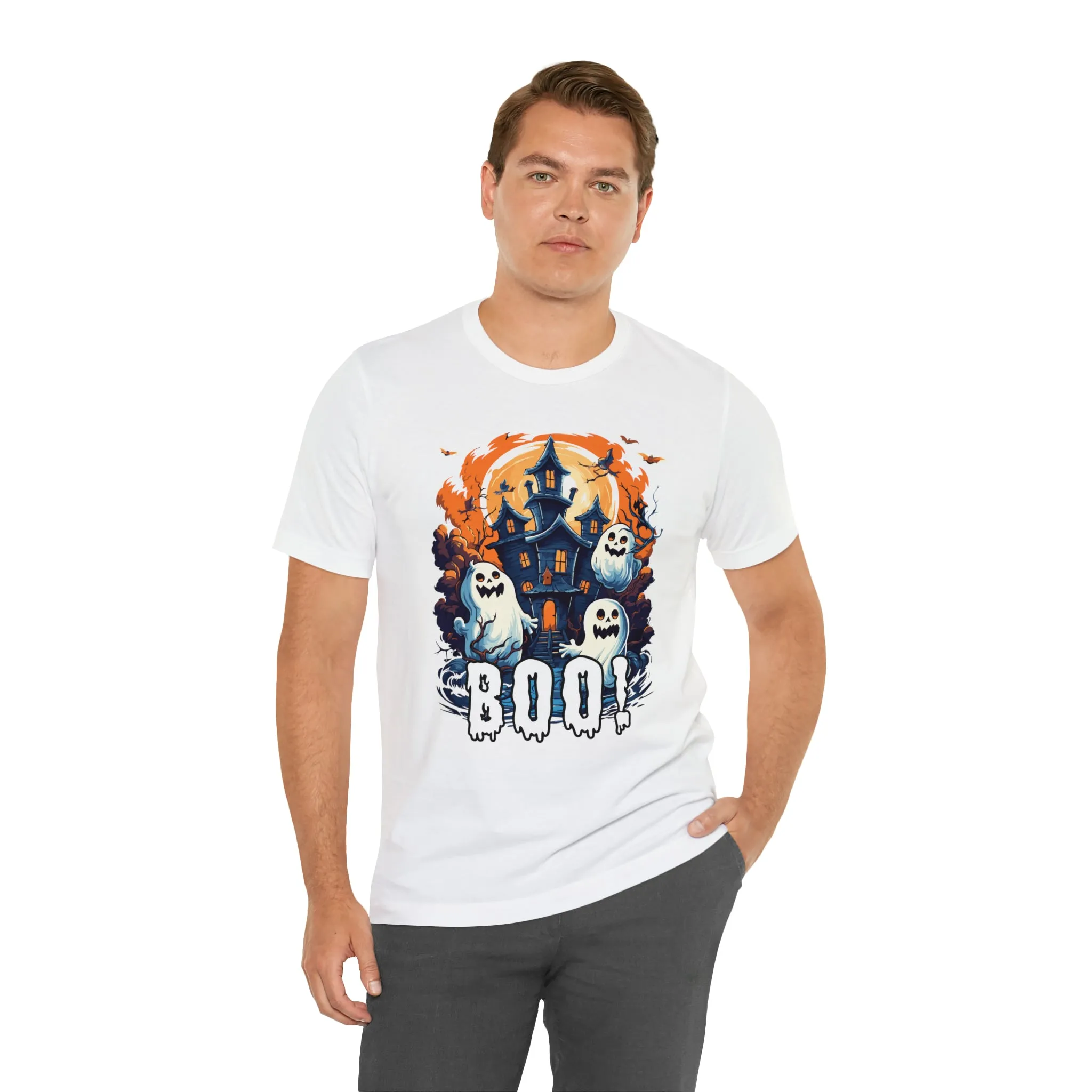 Boo! Haunted House Halloween T-Shirt | Scary House with Ghosts Tee |  Bella Canvas 3001Unisex | Spooky Short Sleeve Tshirt