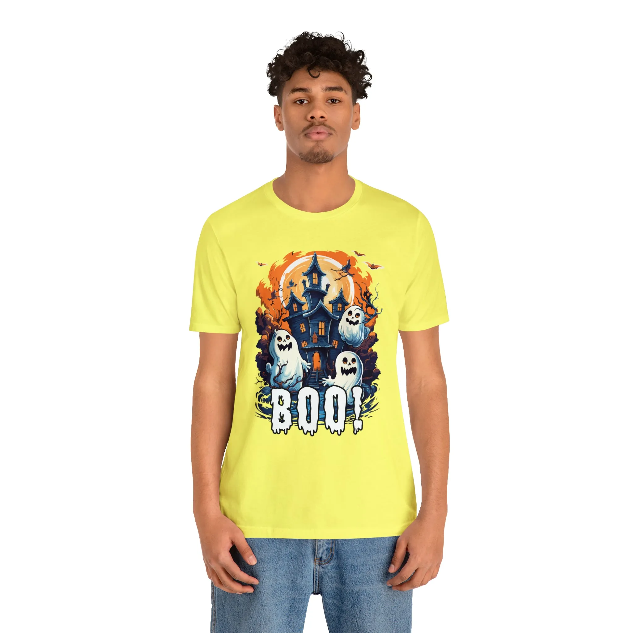 Boo! Haunted House Halloween T-Shirt | Scary House with Ghosts Tee |  Bella Canvas 3001Unisex | Spooky Short Sleeve Tshirt