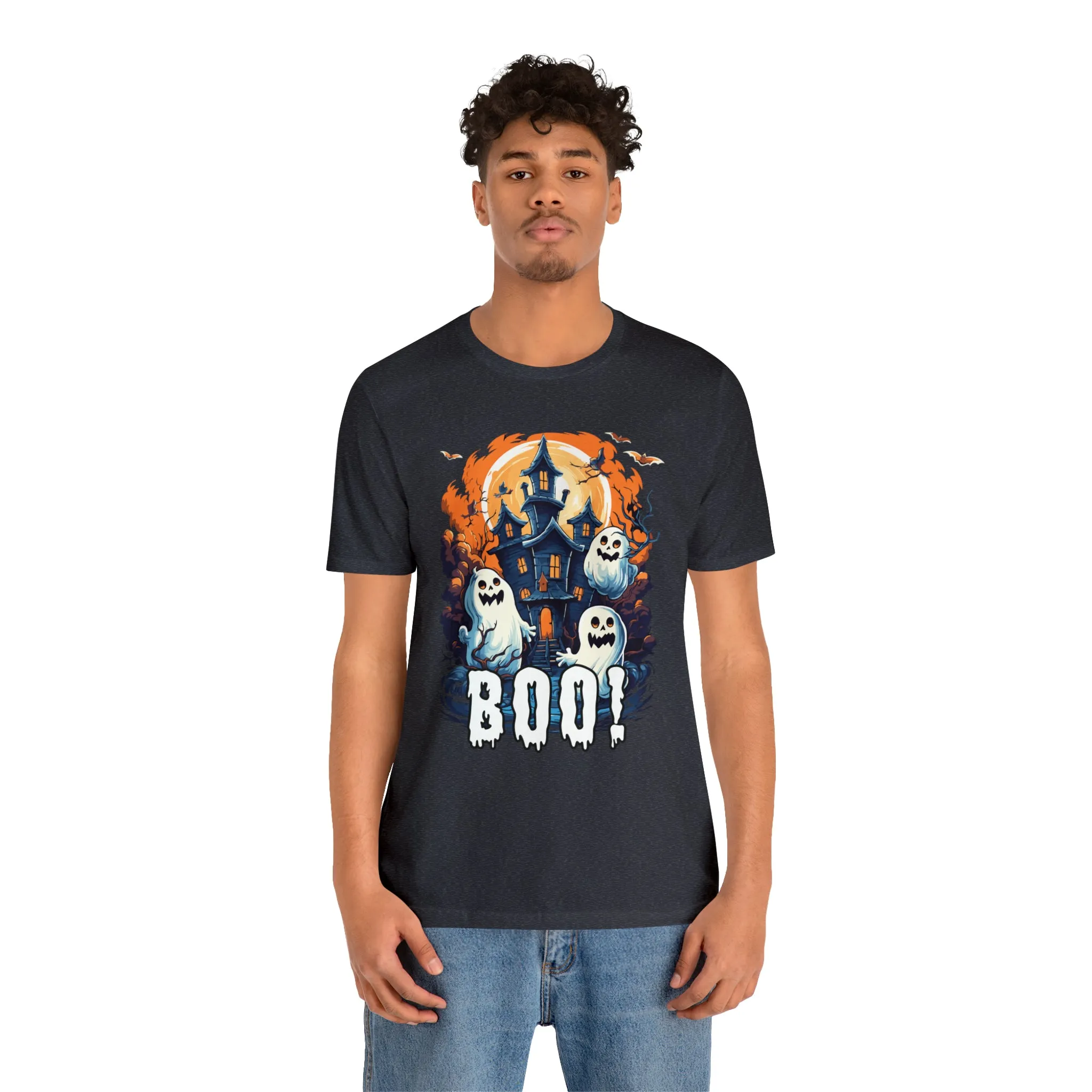 Boo! Haunted House Halloween T-Shirt | Scary House with Ghosts Tee |  Bella Canvas 3001Unisex | Spooky Short Sleeve Tshirt