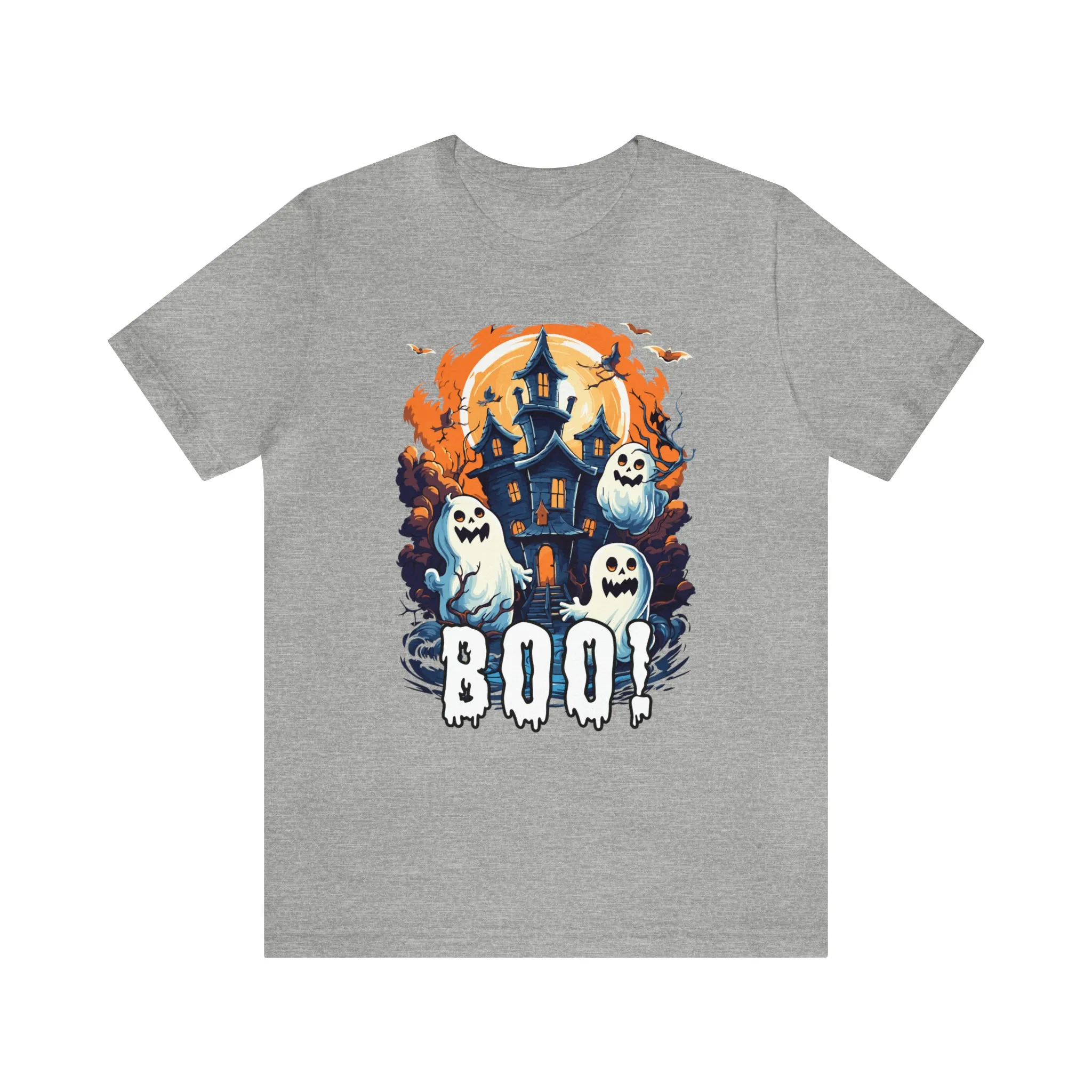 Boo! Haunted House Halloween T-Shirt | Scary House with Ghosts Tee |  Bella Canvas 3001Unisex | Spooky Short Sleeve Tshirt