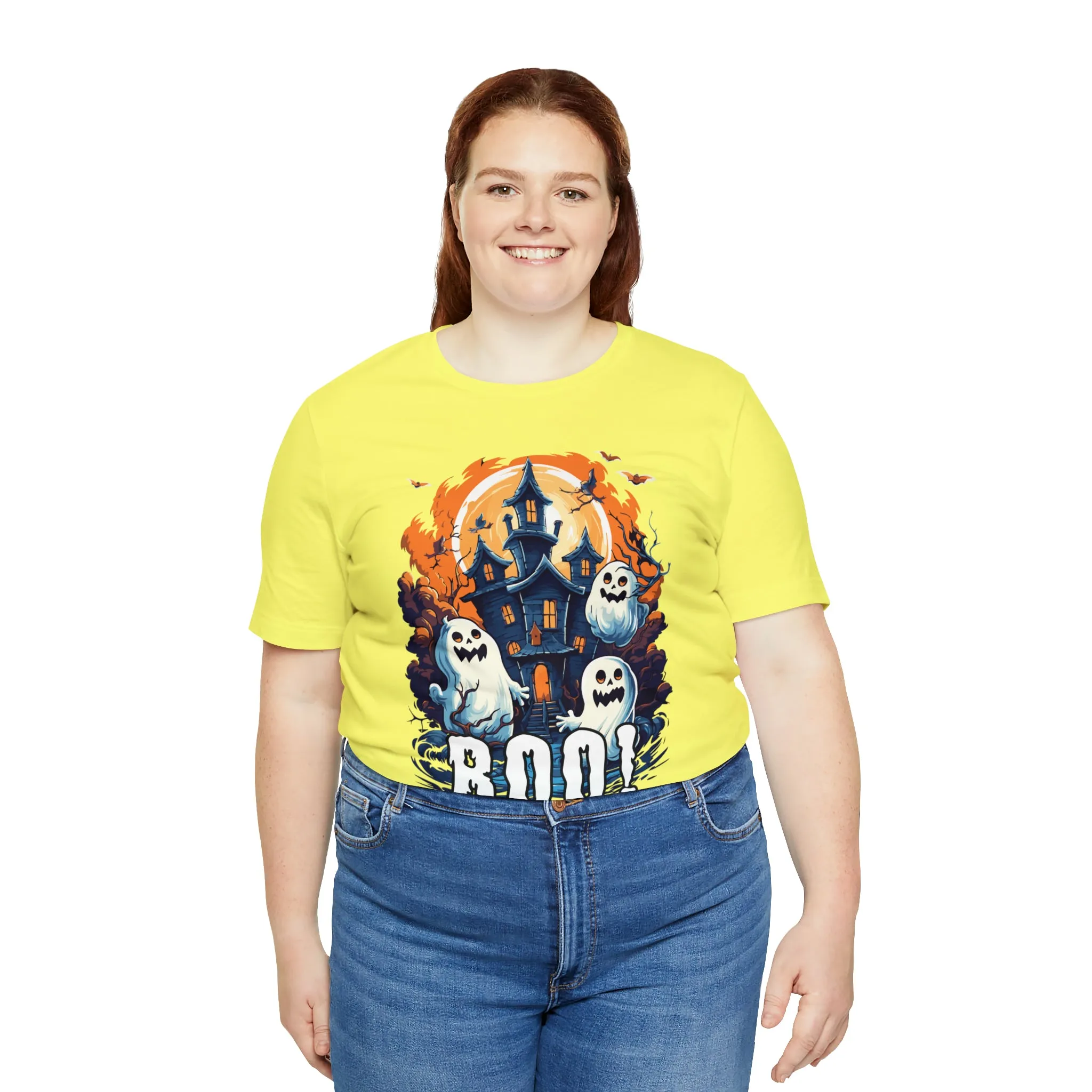 Boo! Haunted House Halloween T-Shirt | Scary House with Ghosts Tee |  Bella Canvas 3001Unisex | Spooky Short Sleeve Tshirt