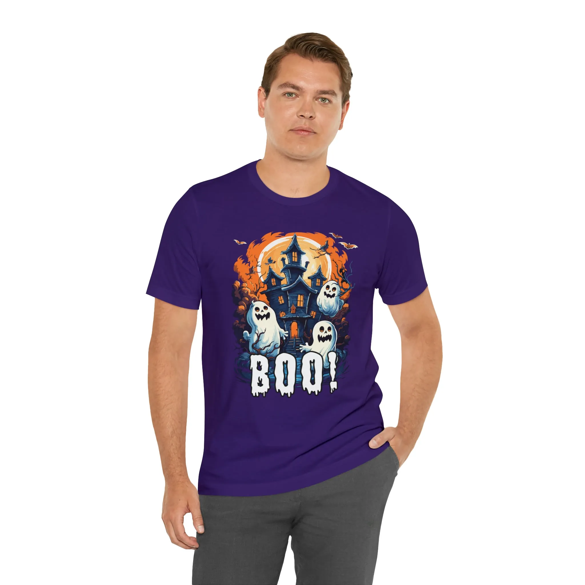 Boo! Haunted House Halloween T-Shirt | Scary House with Ghosts Tee |  Bella Canvas 3001Unisex | Spooky Short Sleeve Tshirt