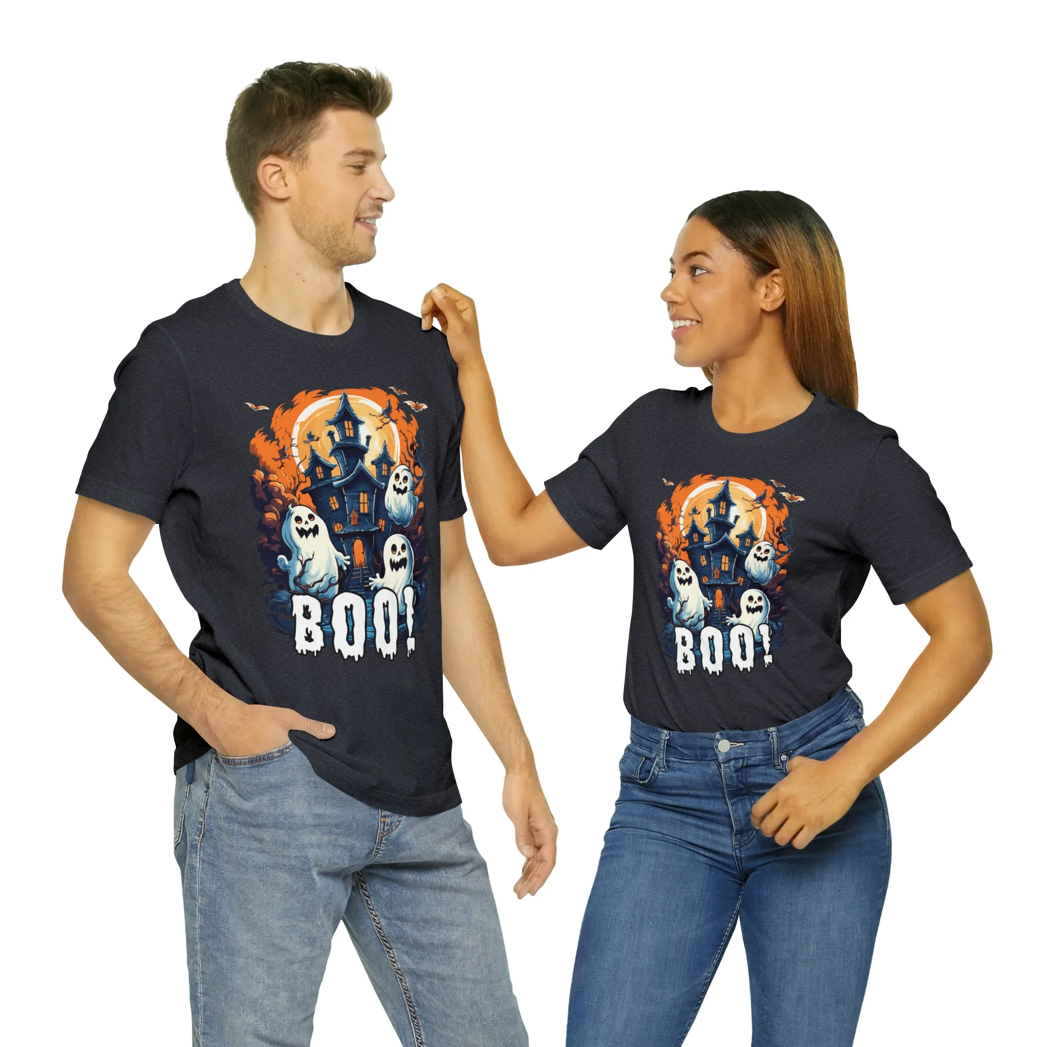 Boo! Haunted House Halloween T-Shirt | Scary House with Ghosts Tee |  Bella Canvas 3001Unisex | Spooky Short Sleeve Tshirt