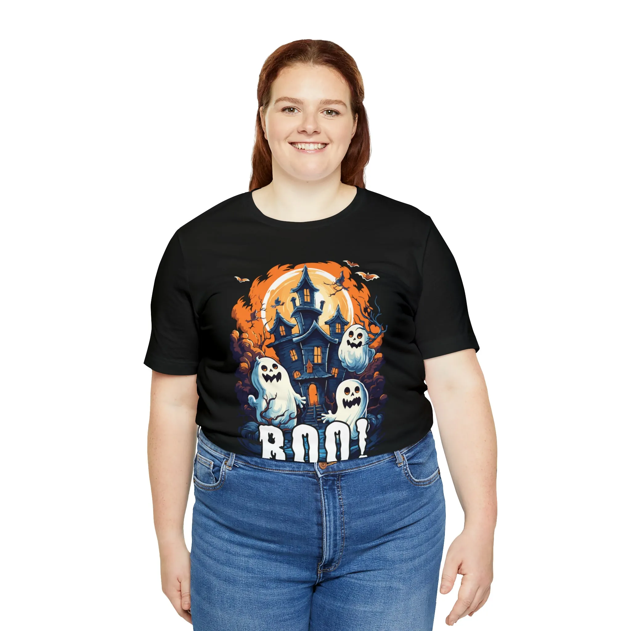Boo! Haunted House Halloween T-Shirt | Scary House with Ghosts Tee |  Bella Canvas 3001Unisex | Spooky Short Sleeve Tshirt