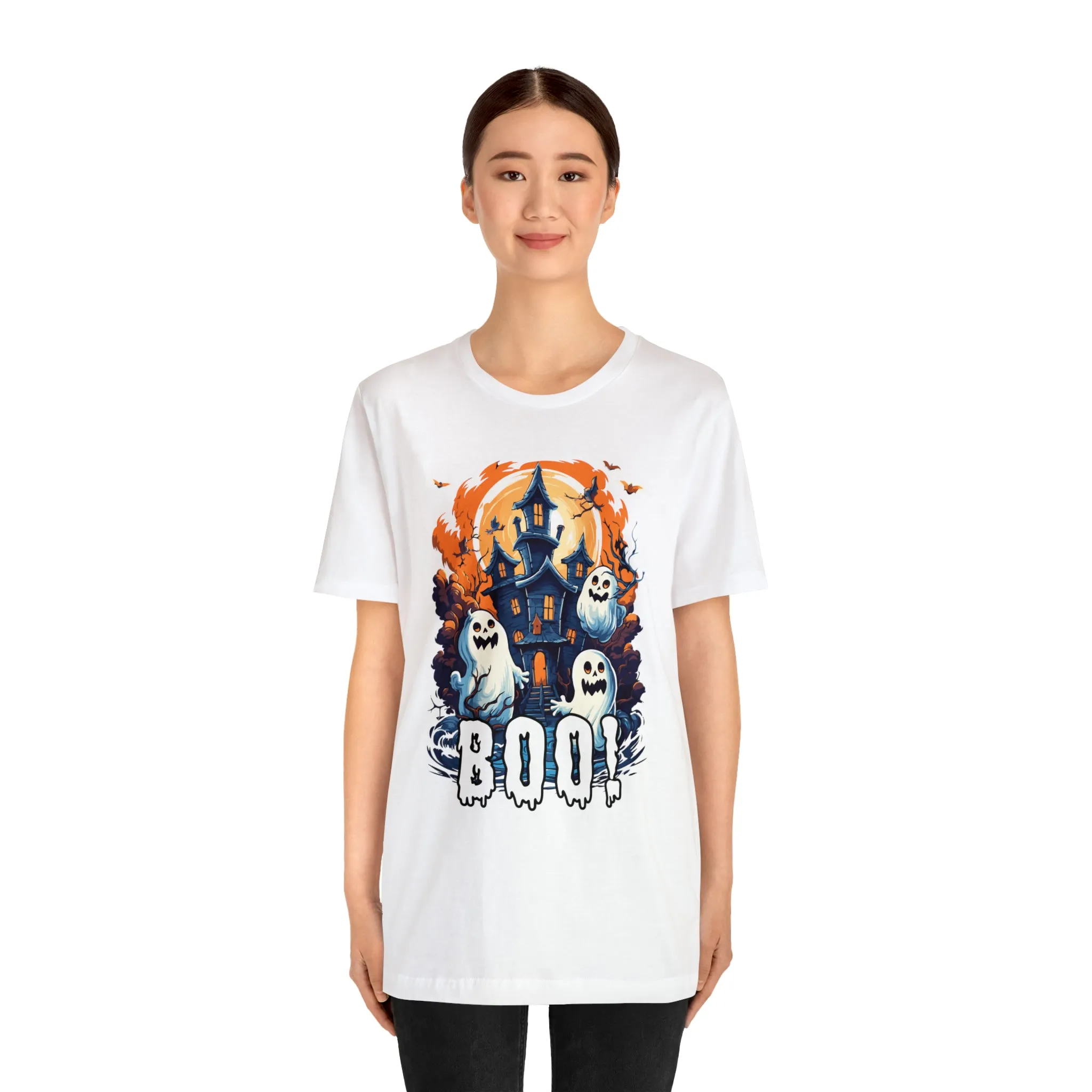 Boo! Haunted House Halloween T-Shirt | Scary House with Ghosts Tee |  Bella Canvas 3001Unisex | Spooky Short Sleeve Tshirt