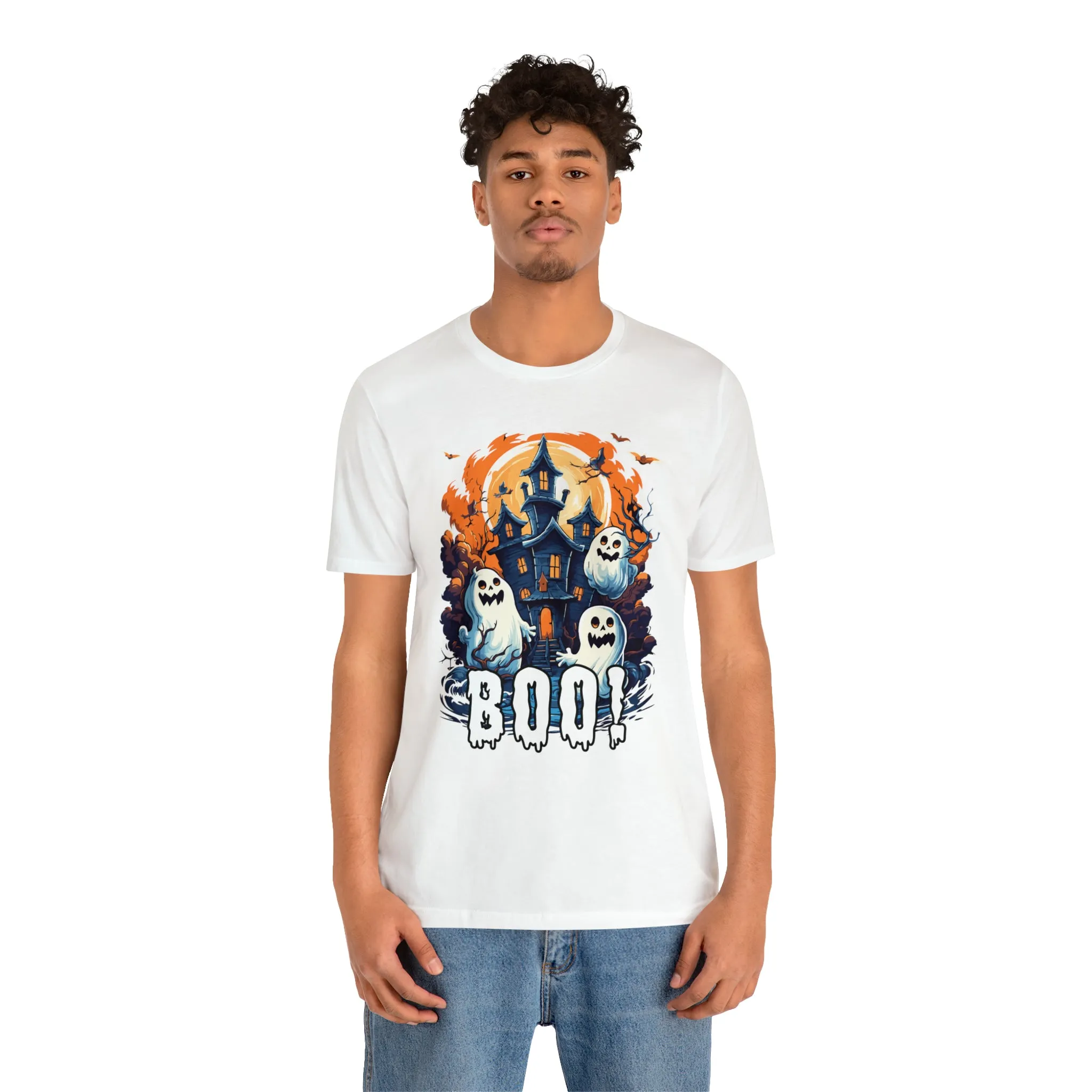 Boo! Haunted House Halloween T-Shirt | Scary House with Ghosts Tee |  Bella Canvas 3001Unisex | Spooky Short Sleeve Tshirt