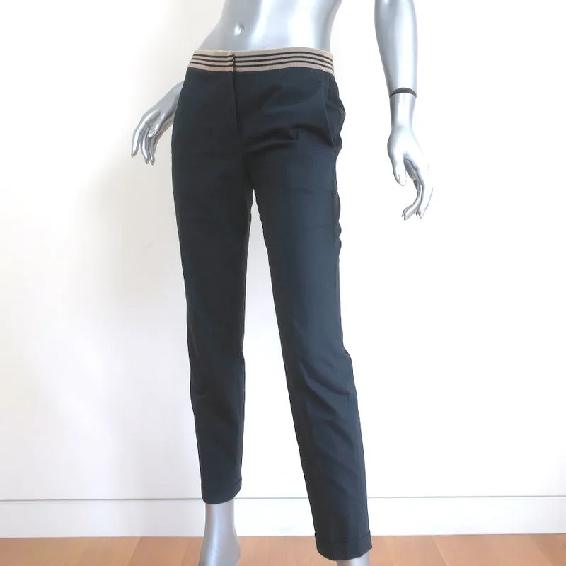Brunello Cucinelli Striped-Waistband Pants Navy Stretch Cotton Size US 4
