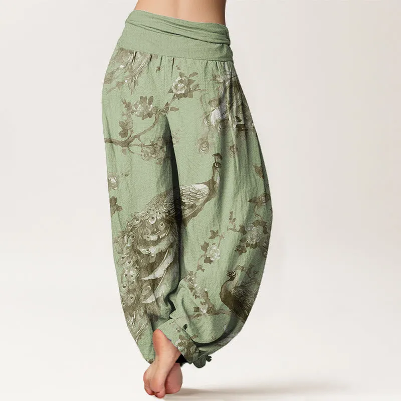 Buddha Stones Casual Peacock Perched On Branch Petals Women's Elastic Waist Harem Pants