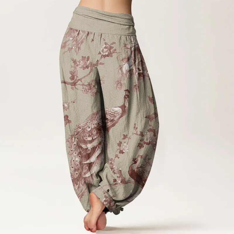 Buddha Stones Casual Peacock Perched On Branch Petals Women's Elastic Waist Harem Pants