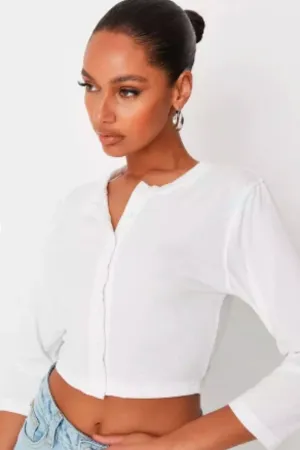 Button Front Long Sleeve Crop Top