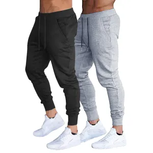 BUXKR Men's Slim Joggers Workout Pants for Gym Running and Bodybuilding Athletic Bottom Sweatpants with Deep Pockets,Black&Light Grey,M