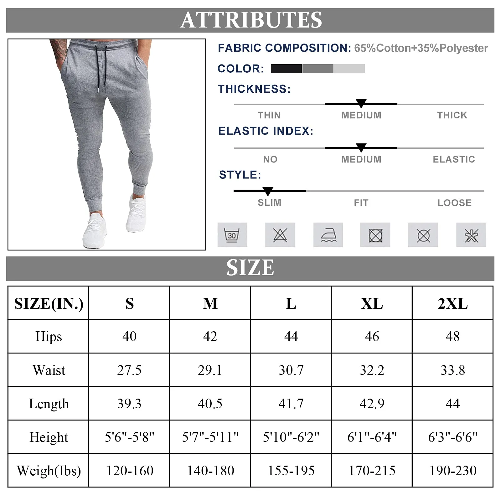 BUXKR Men's Slim Joggers Workout Pants for Gym Running and Bodybuilding Athletic Bottom Sweatpants with Deep Pockets,Black&Light Grey,M
