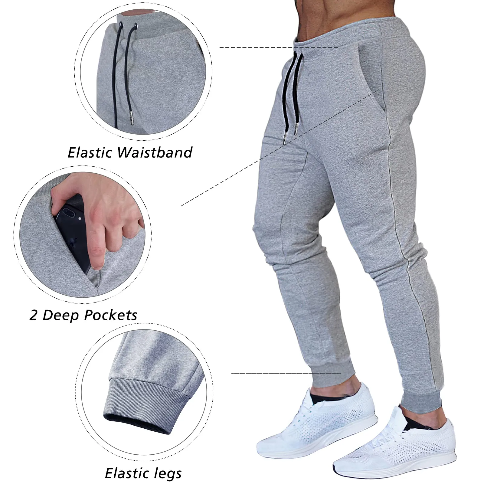 BUXKR Men's Slim Joggers Workout Pants for Gym Running and Bodybuilding Athletic Bottom Sweatpants with Deep Pockets,Black&Light Grey,M