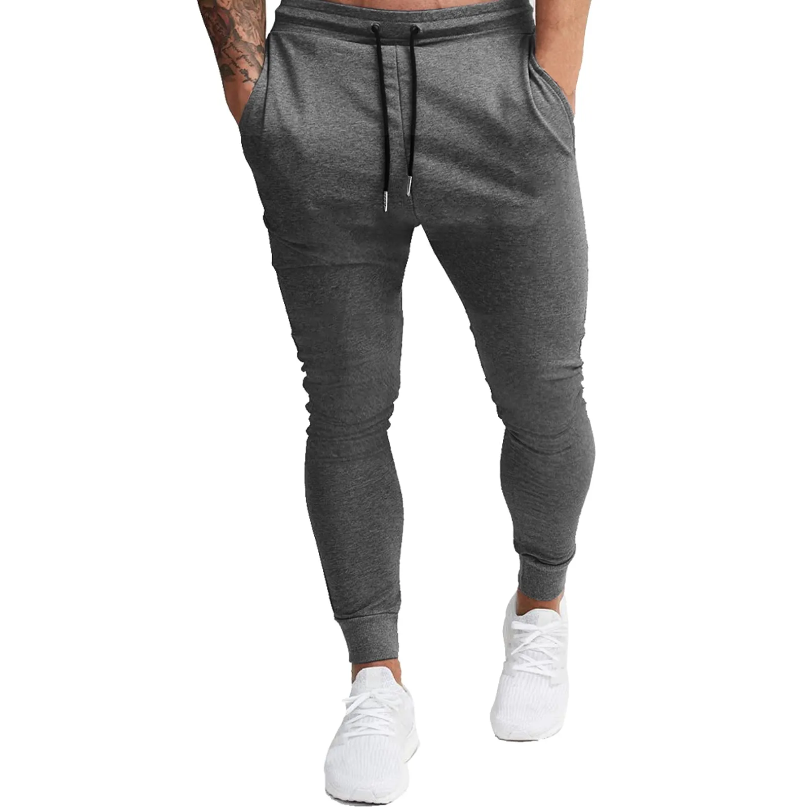 BUXKR Men's Slim Joggers Workout Pants for Gym Running and Bodybuilding Athletic Bottom Sweatpants with Deep Pockets,Dark Grey&Light Grey,XL