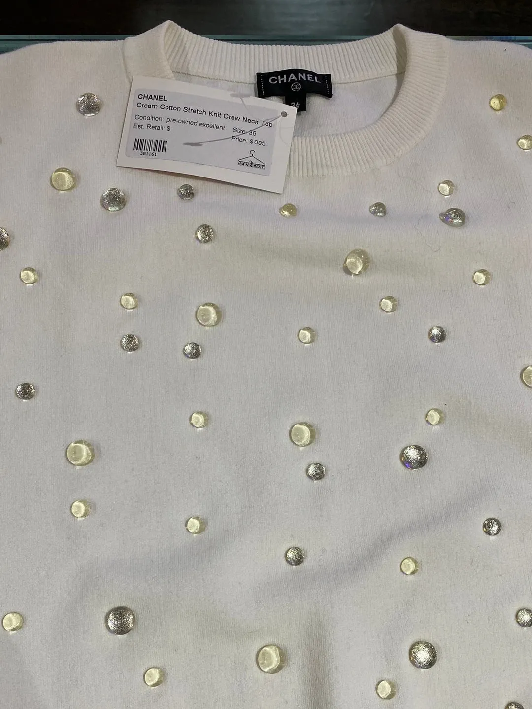 Chanel Cream Cotton Stretch Knit Crew Neck Top with Clear "Water" Drips