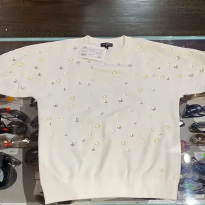 Chanel Cream Cotton Stretch Knit Crew Neck Top with Clear "Water" Drips