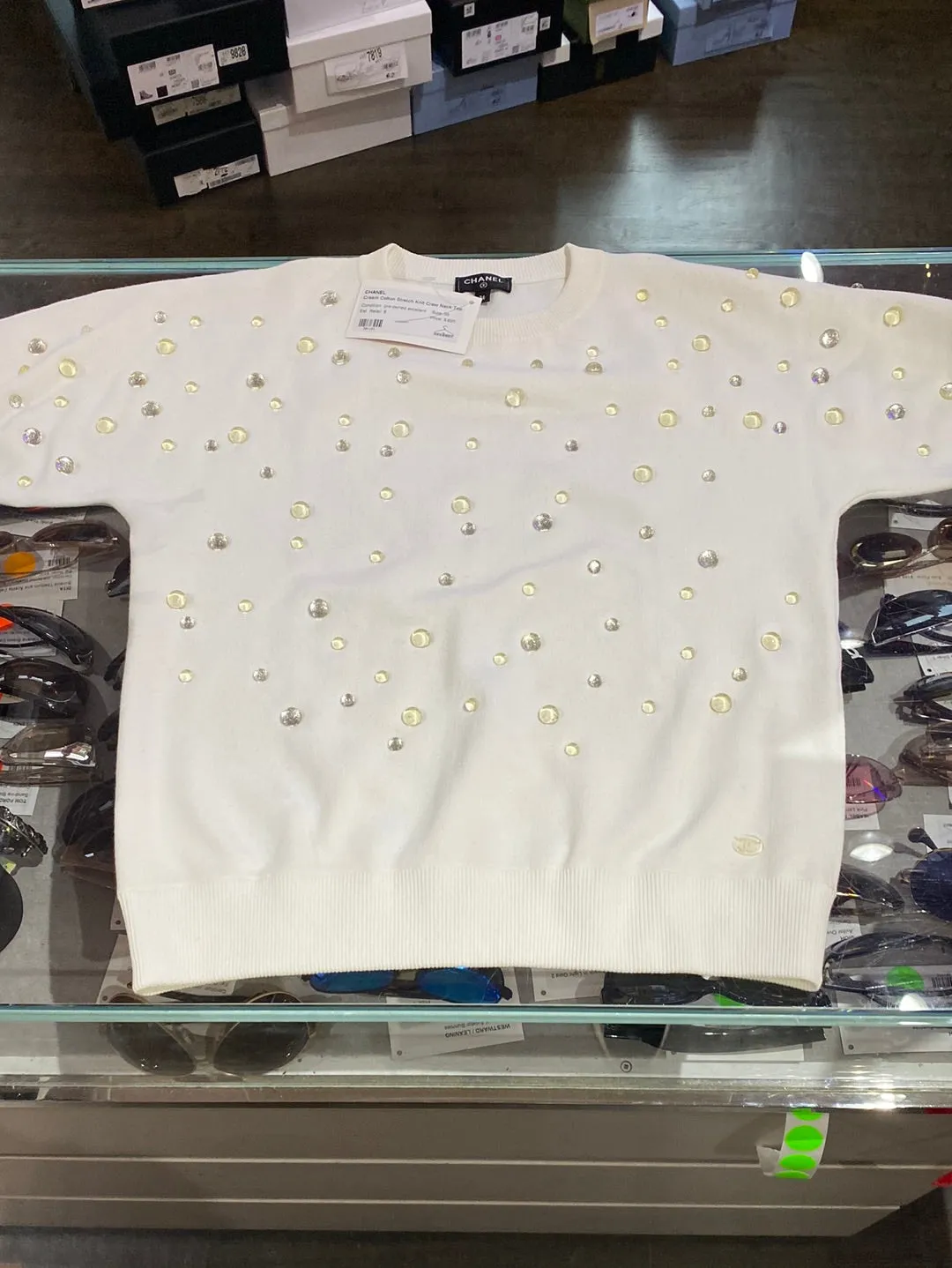 Chanel Cream Cotton Stretch Knit Crew Neck Top with Clear "Water" Drips