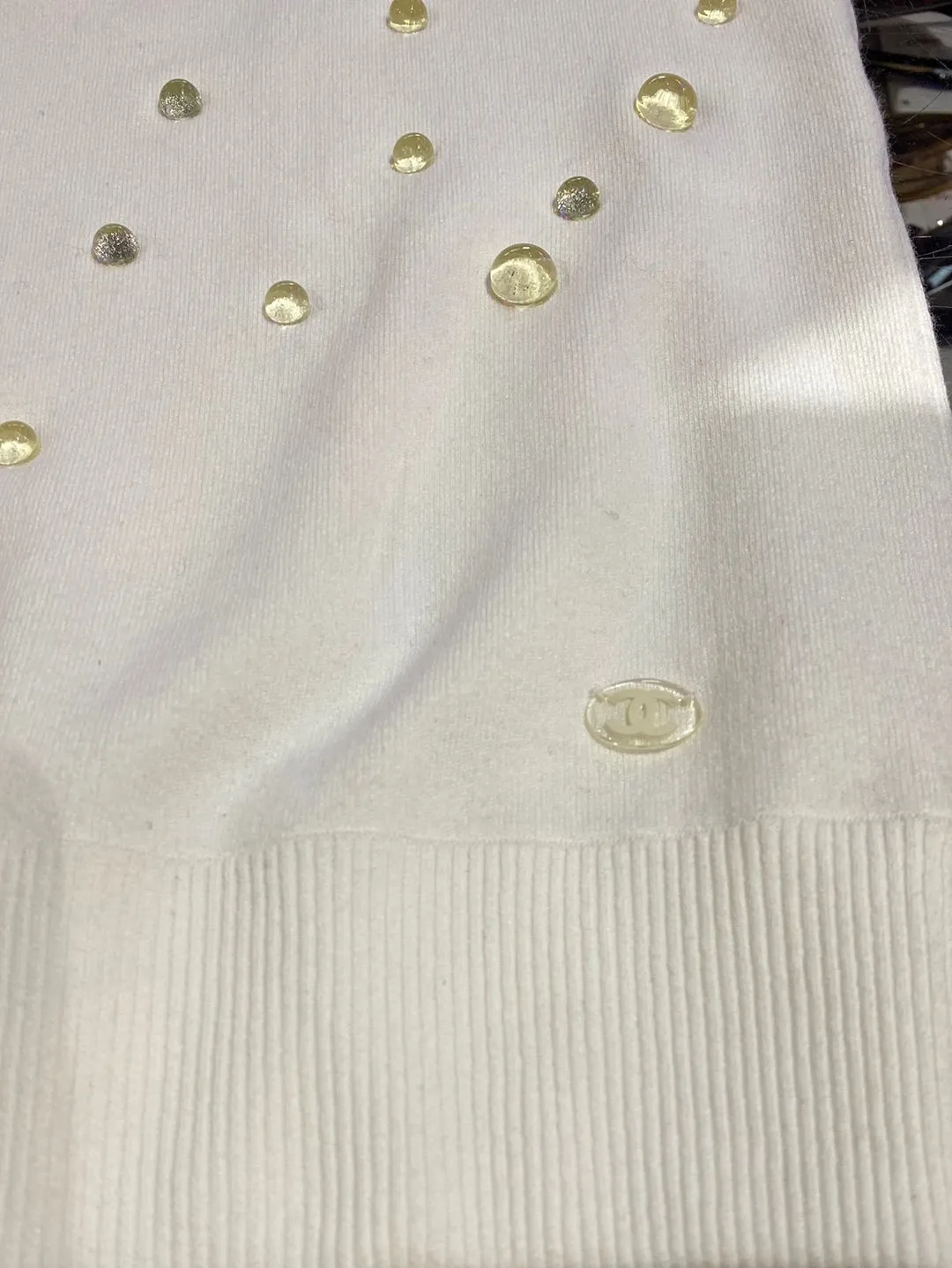Chanel Cream Cotton Stretch Knit Crew Neck Top with Clear "Water" Drips