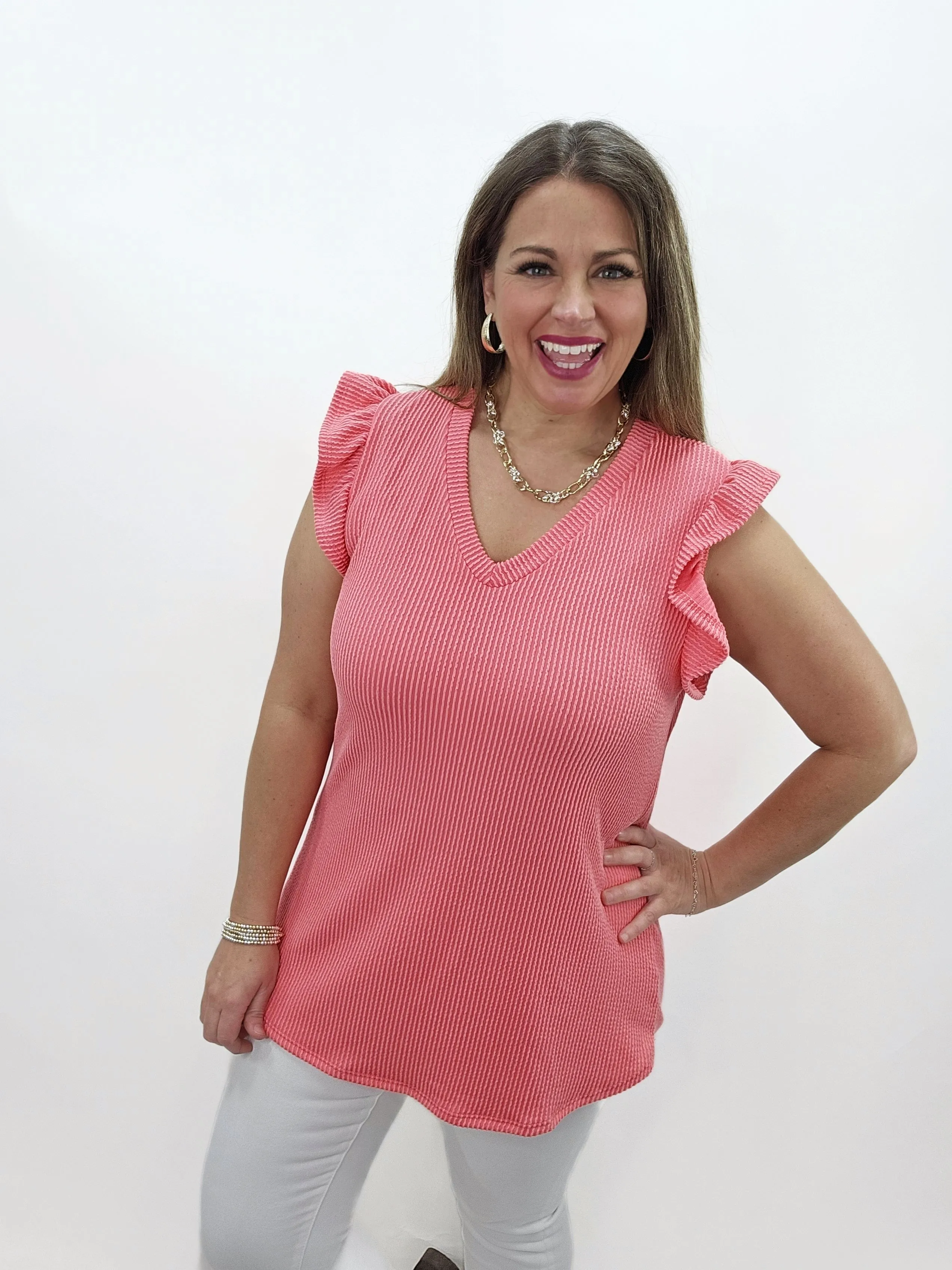 CORAL RAISED RIBBED V NECK RUFFLE SLEEVE TOP