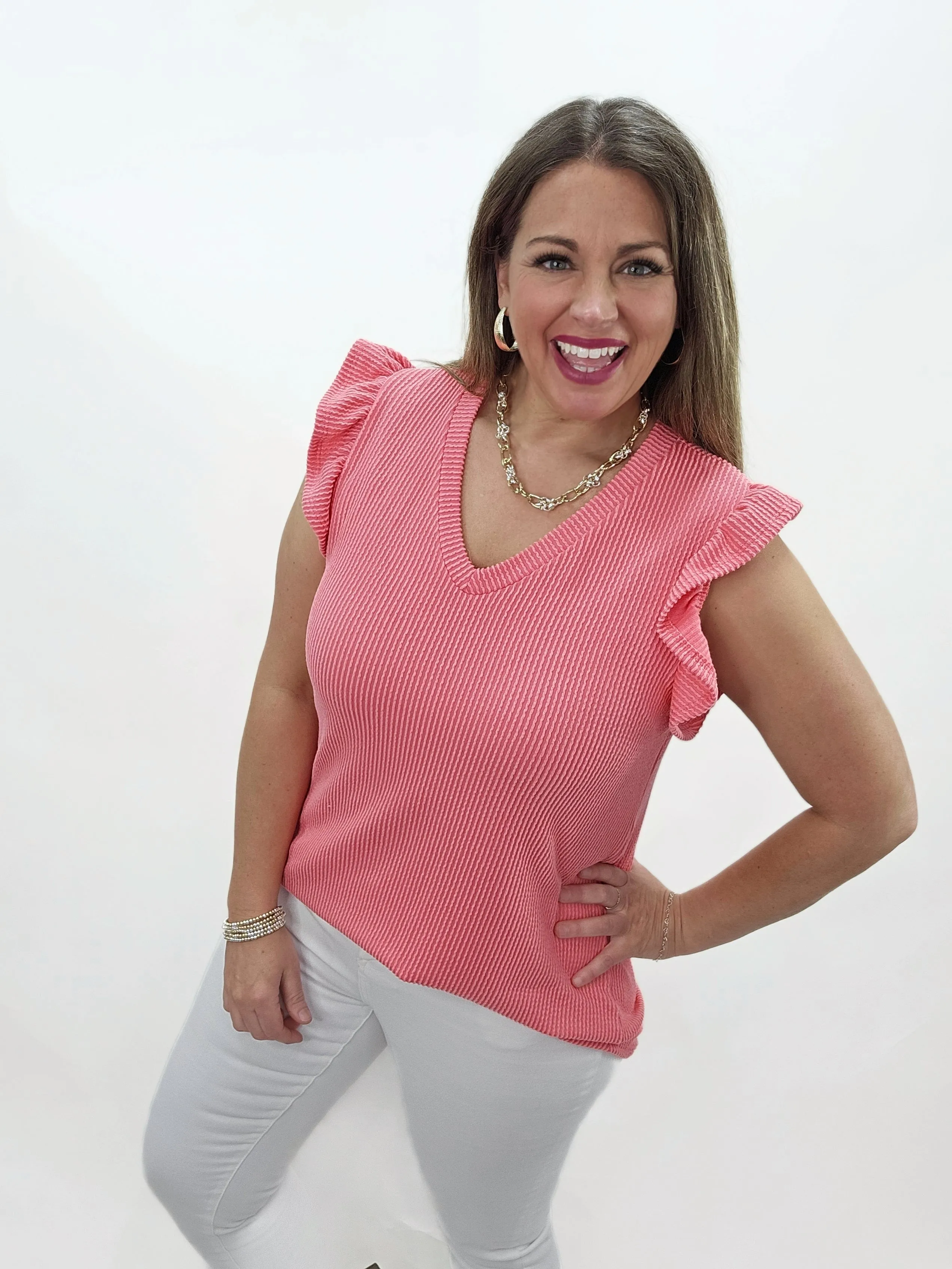 CORAL RAISED RIBBED V NECK RUFFLE SLEEVE TOP